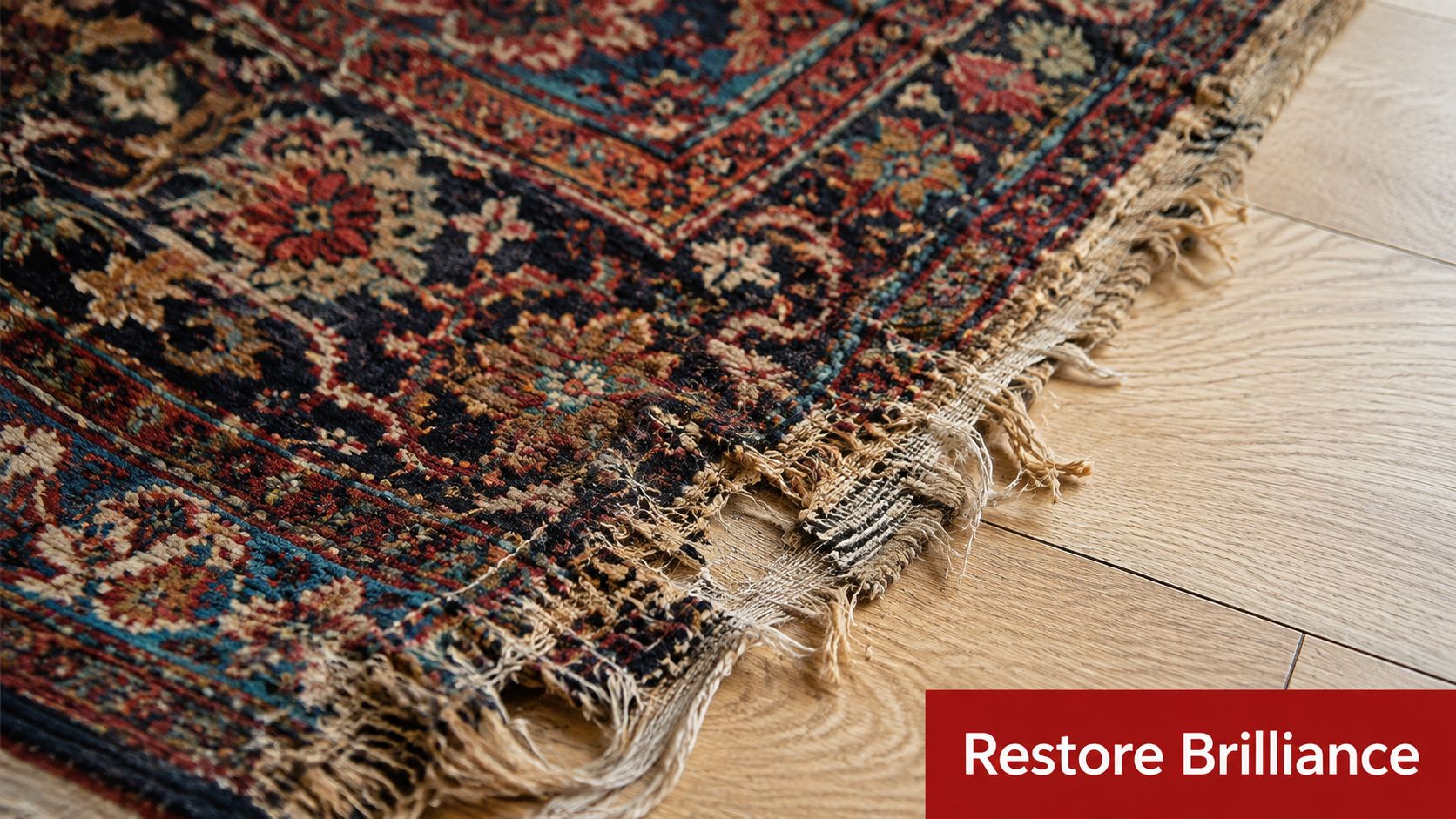 A close-up view of a worn, traditional handmade Persian rug with frayed edges on a wooden floor.