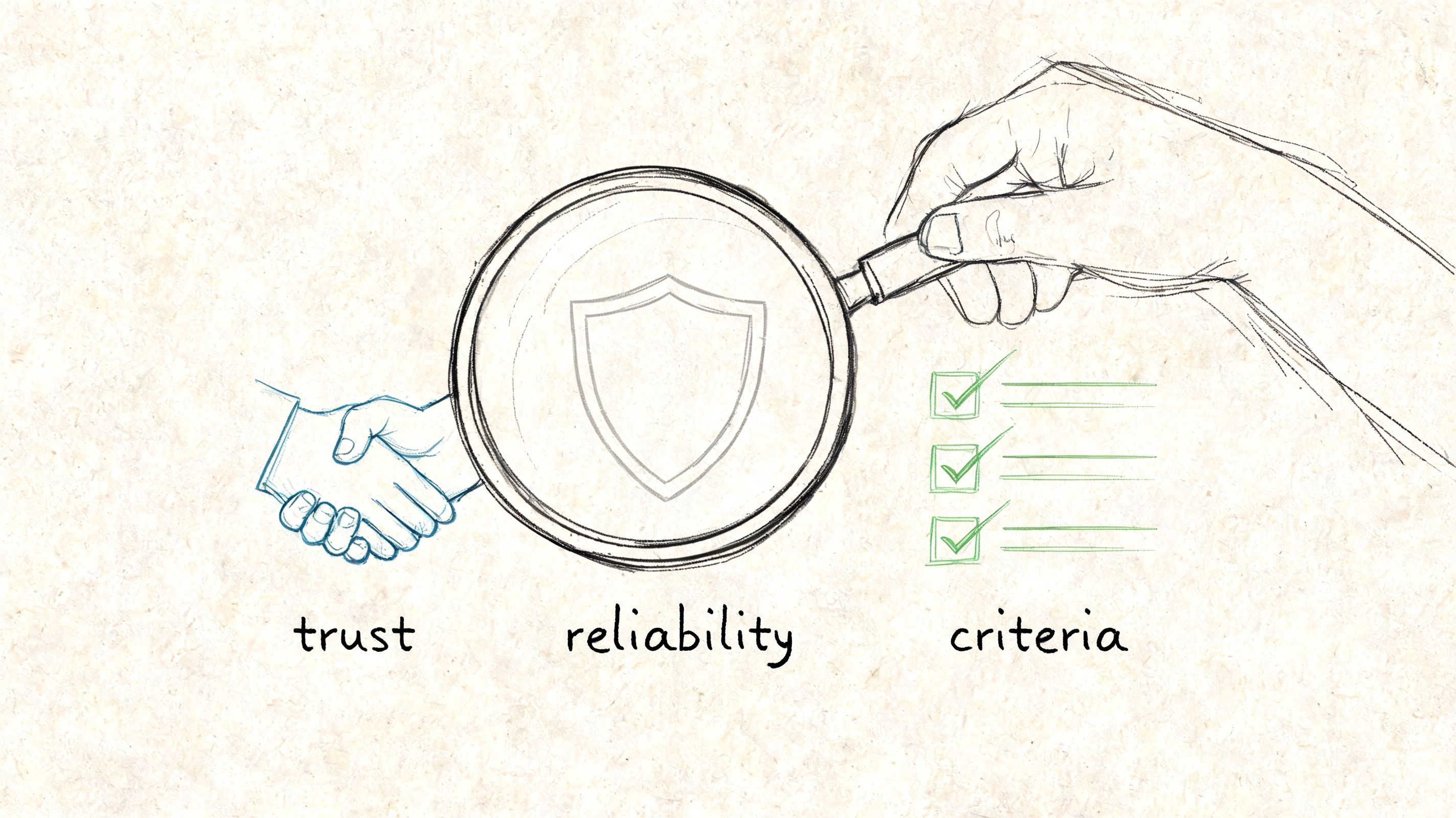 A conceptual sketch illustrating business trust, reliability, and established criteria with icons of a handshake and magnifying glass.