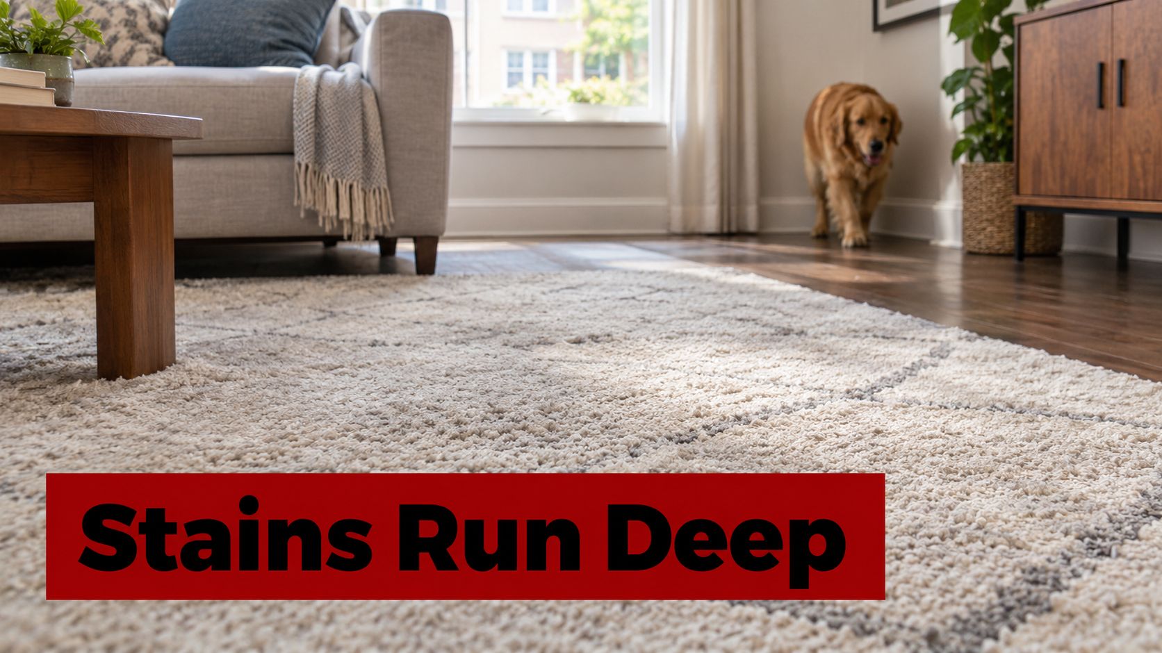 A cozy living room featuring a fluffy area rug, a sofa, and a golden retriever walking nearby.