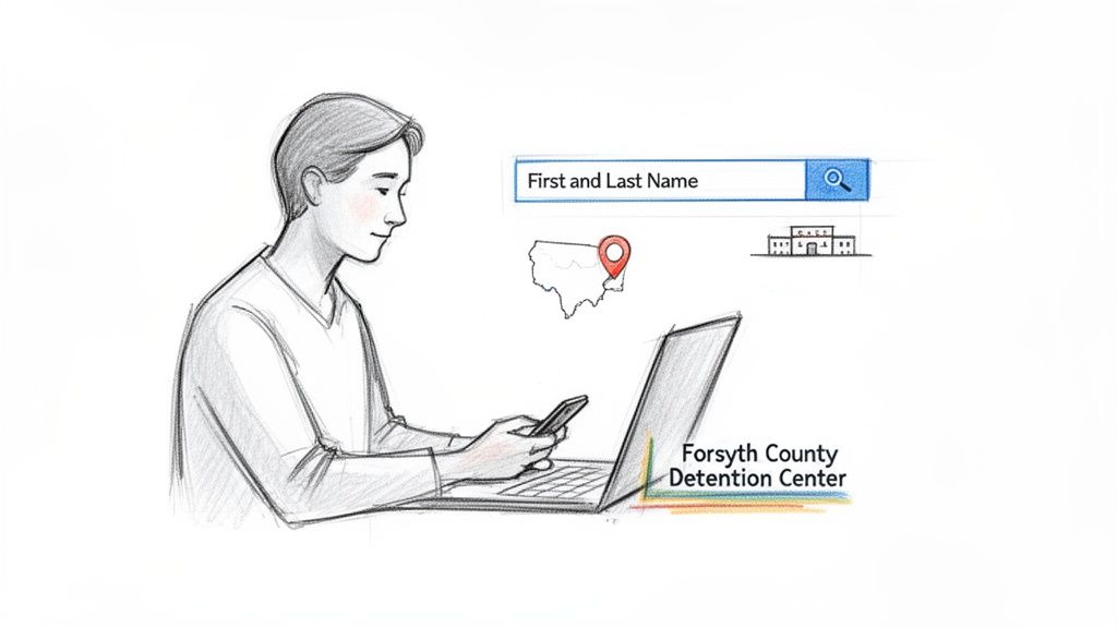 A person uses a laptop and phone to search for inmate information for Forsyth County Detention Center.