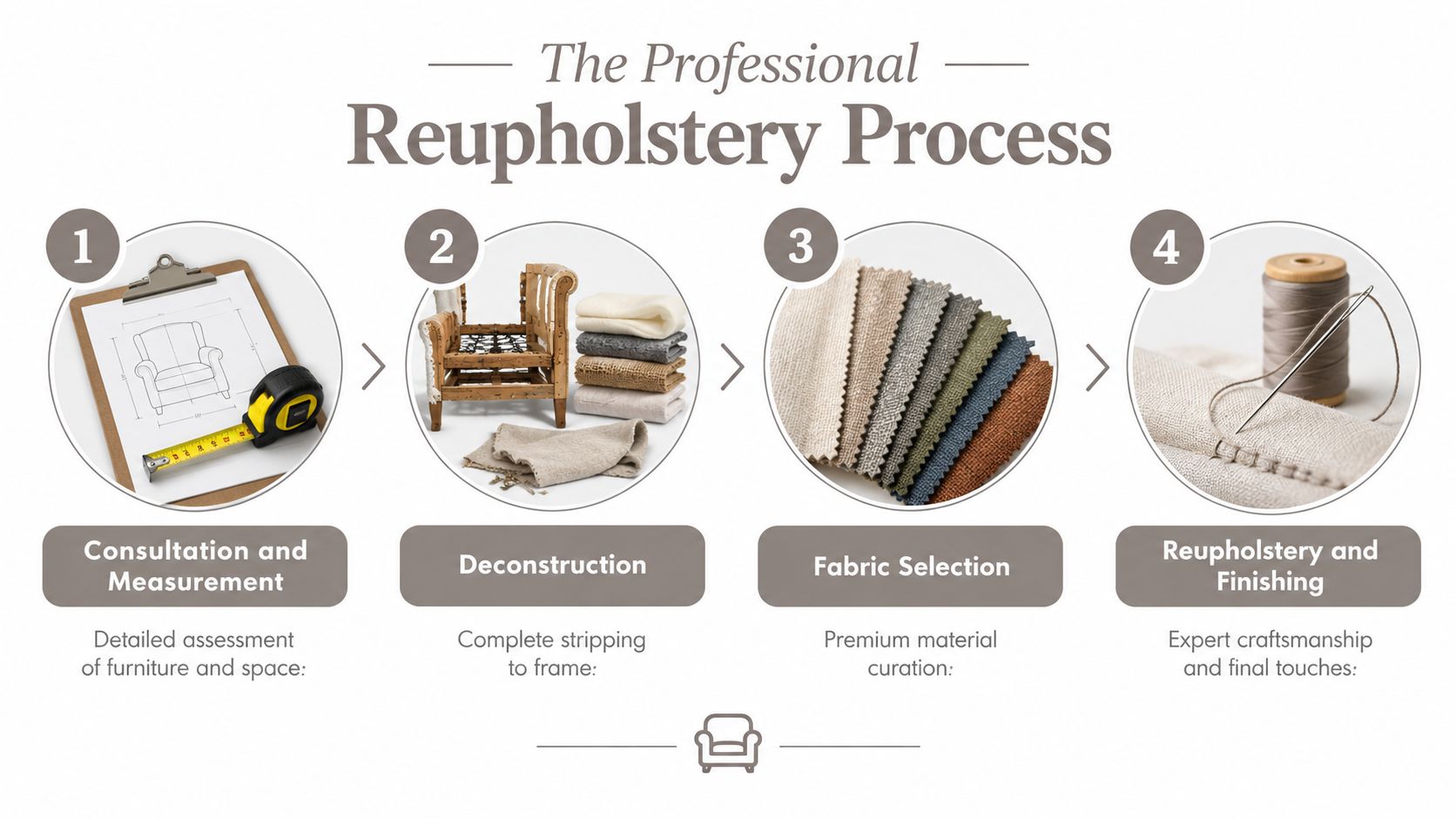 An infographic showing the four steps of the professional reupholstery process for home furniture