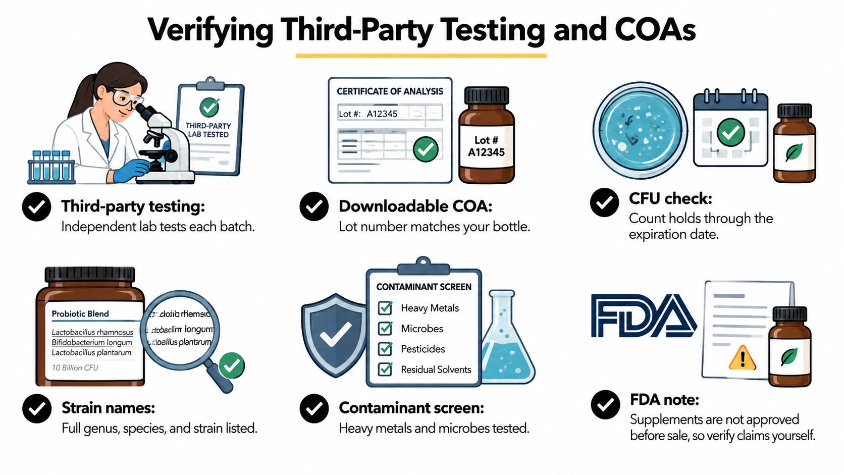 An infographic titled Verifying Third-Party Testing and COAs explaining how to evaluate digestive health supplement quality.