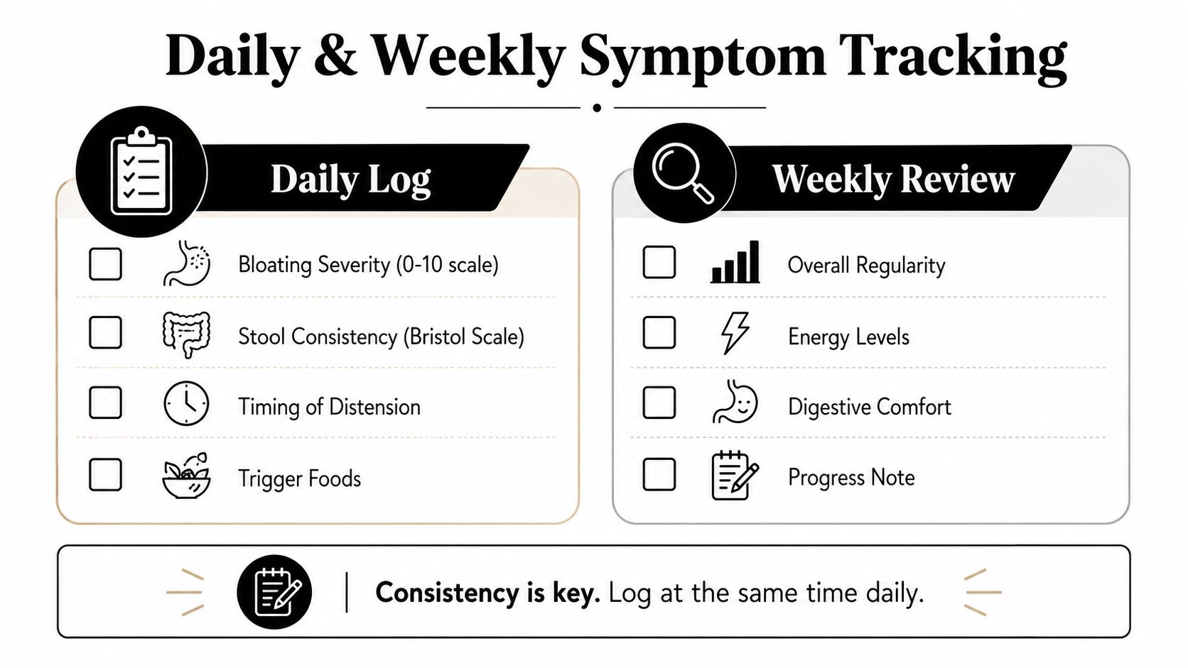 A symptom tracking chart for daily and weekly health logs including digestive health metrics and progress tracking.