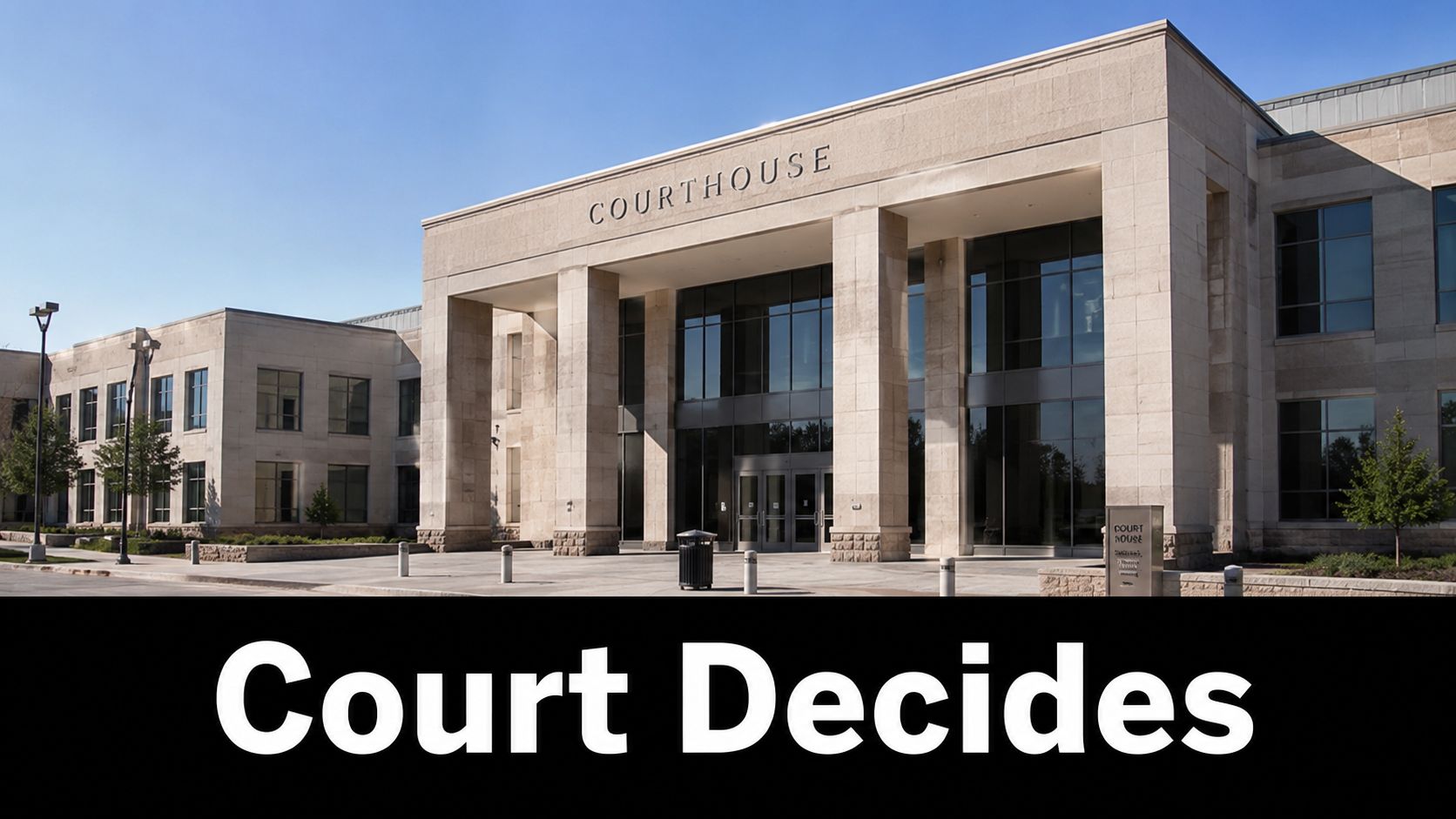 A modern stone courthouse building under a clear blue sky with the text Court Decides displayed below.
