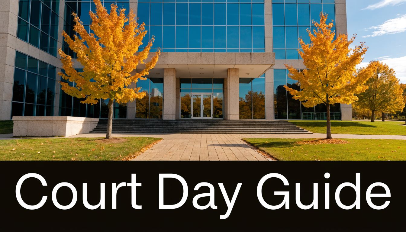 An office building entrance with yellow autumn trees and the text Court Day Guide underneath.