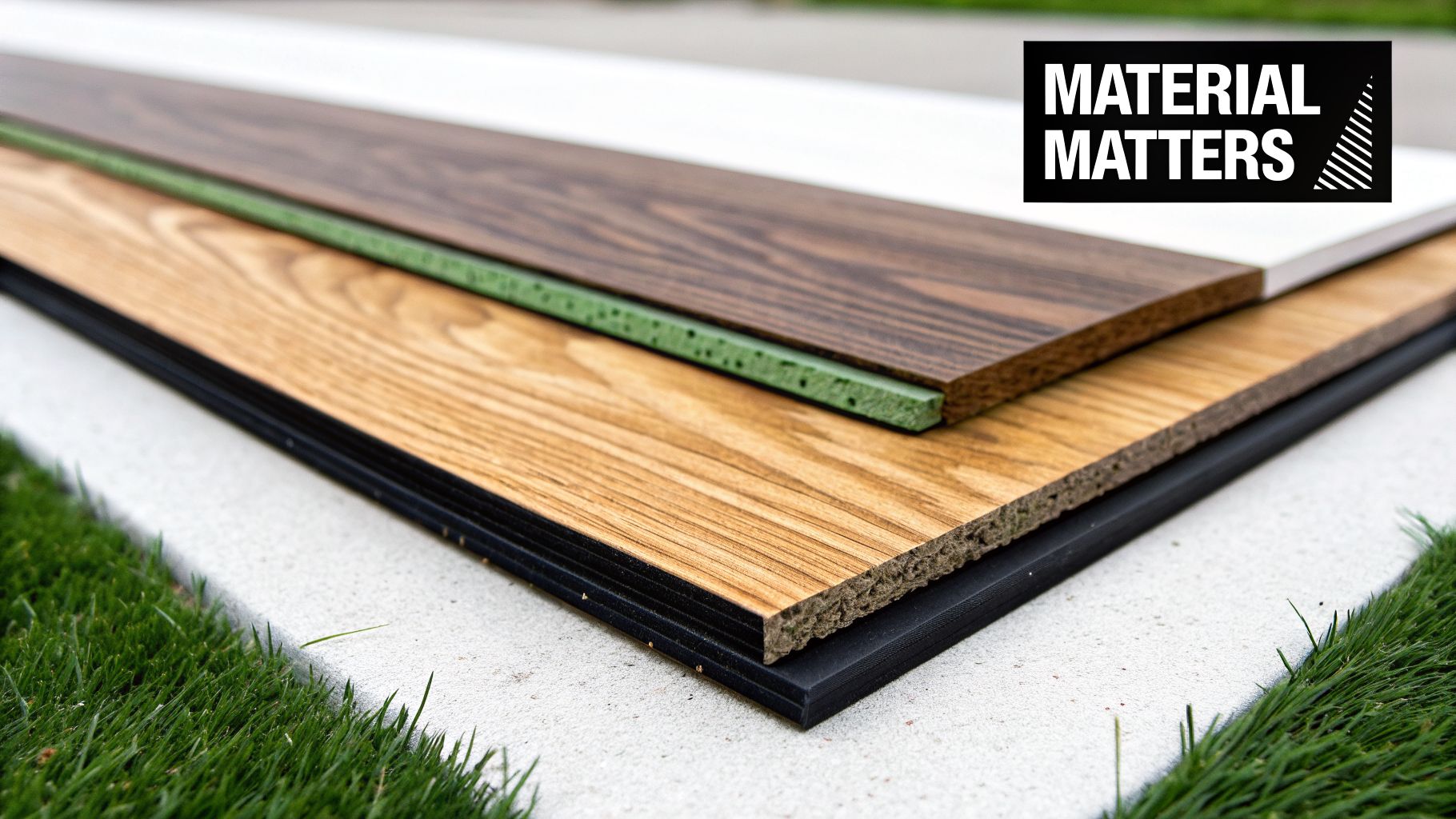 Close-up of stacked flooring planks, showcasing various wood textures and underlayment layers.