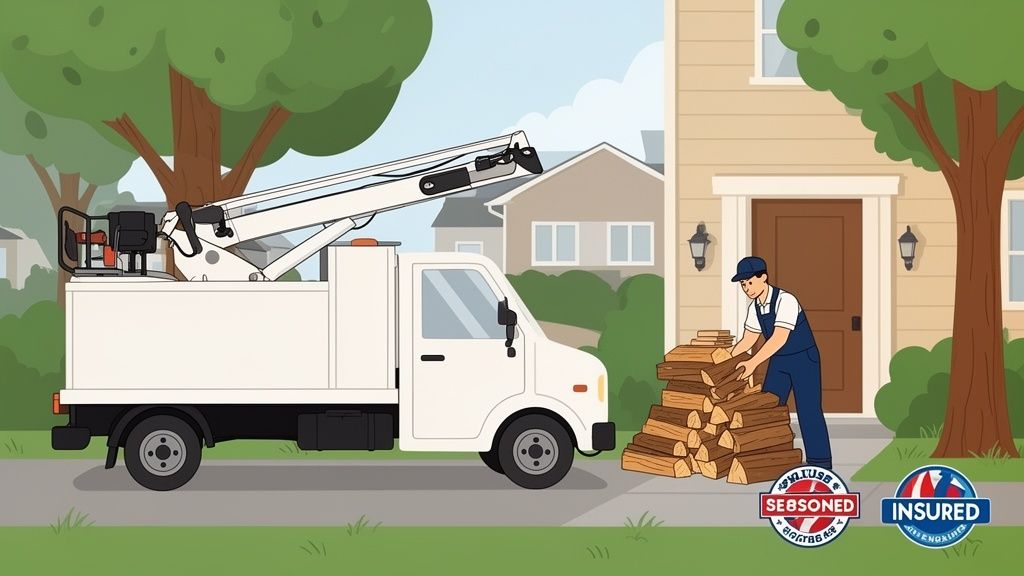 A worker stacks seasoned firewood next to a service truck and house, with 'Insured' and 'Seasoned' badges.