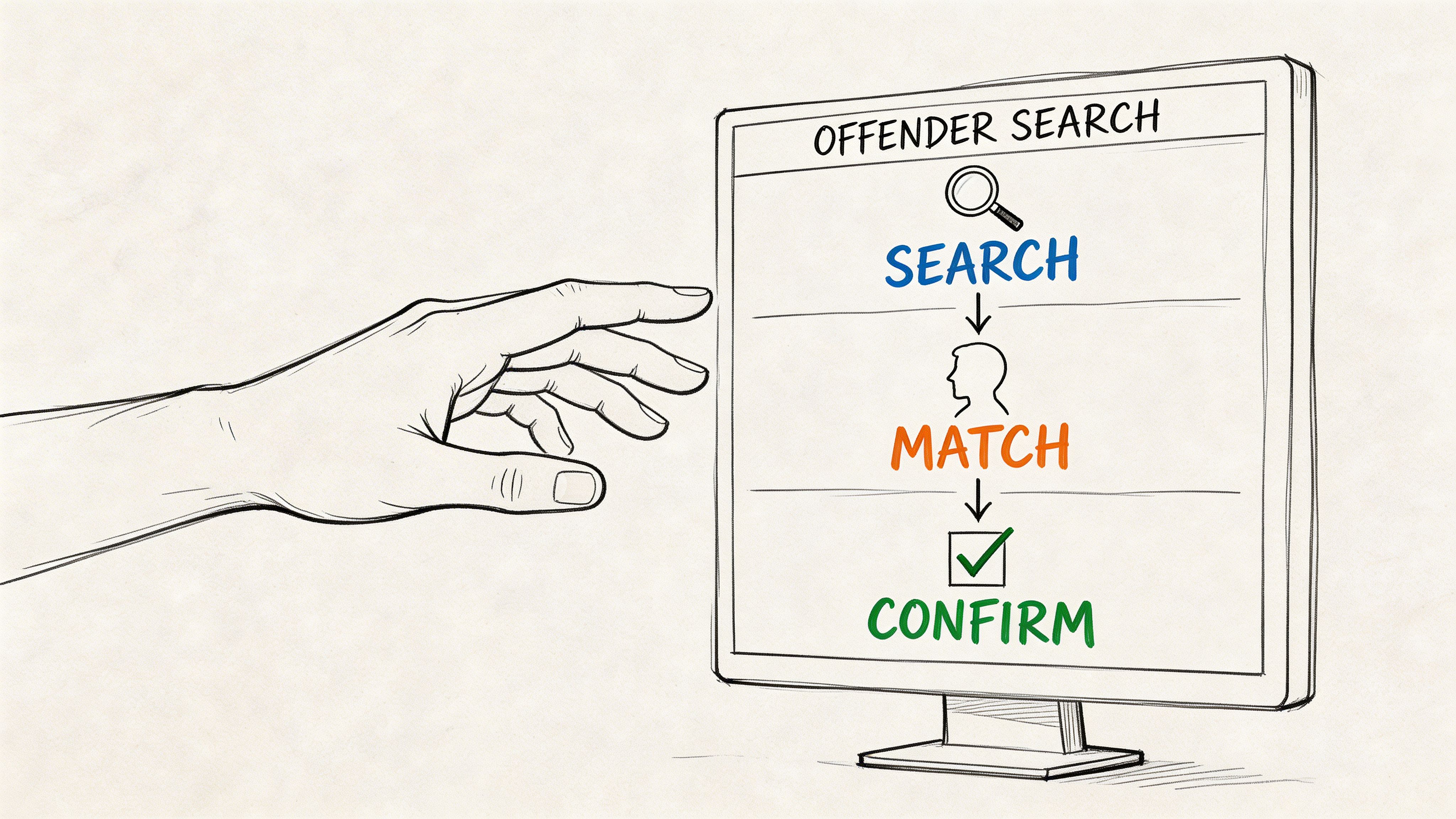 A hand points toward a computer screen displaying an offender search flow with search, match, and confirm steps.