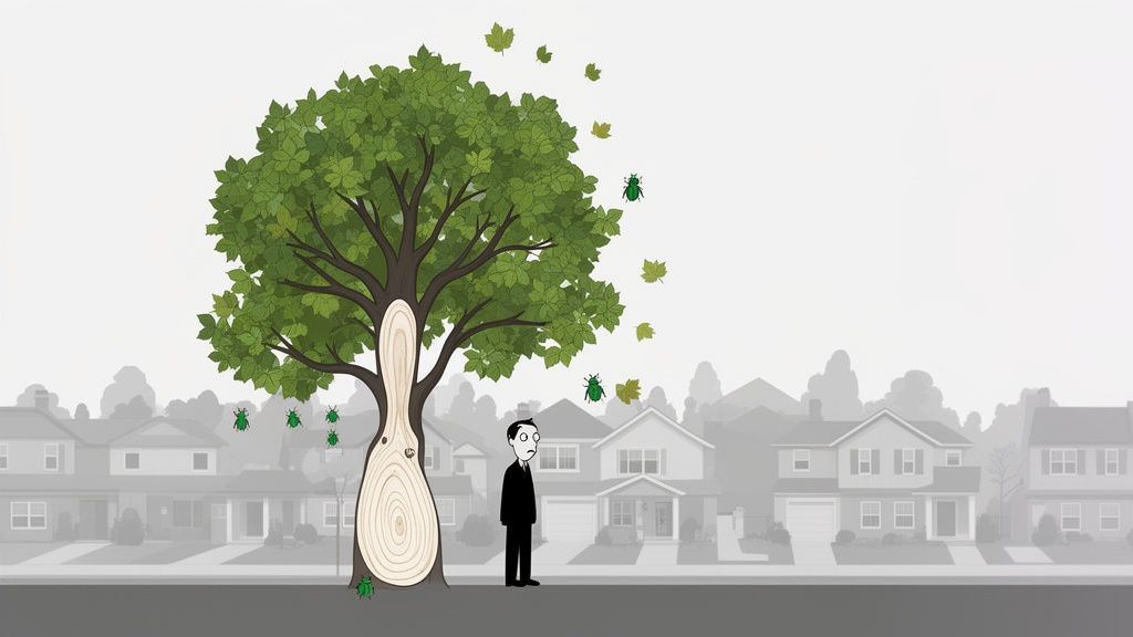 A man observes a tree with a violin-shaped trunk cut-out, infested by green beetles and losing leaves, on a suburban street.