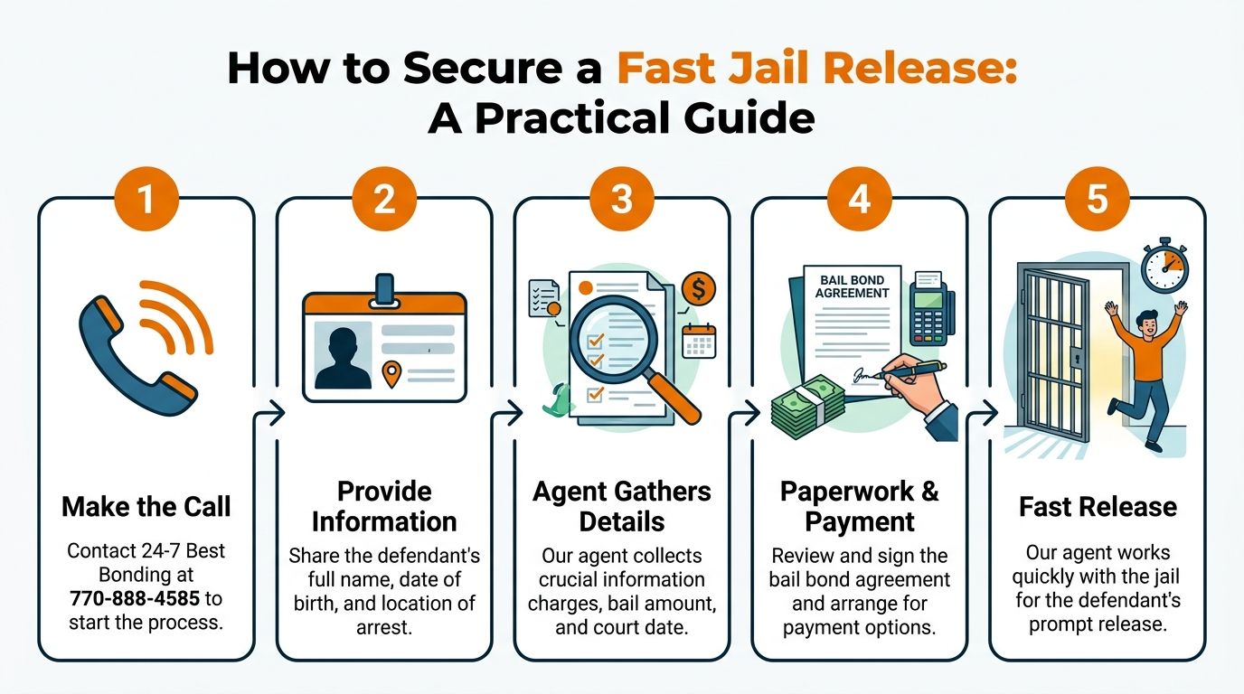 An infographic showing a five-step process for obtaining a fast bail release from a bonding agency.