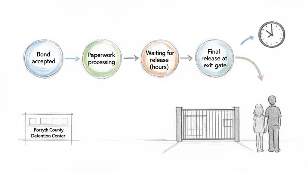 Flowchart illustrating the bail bond release process at Forsyth County Detention Center, from acceptance to exit.