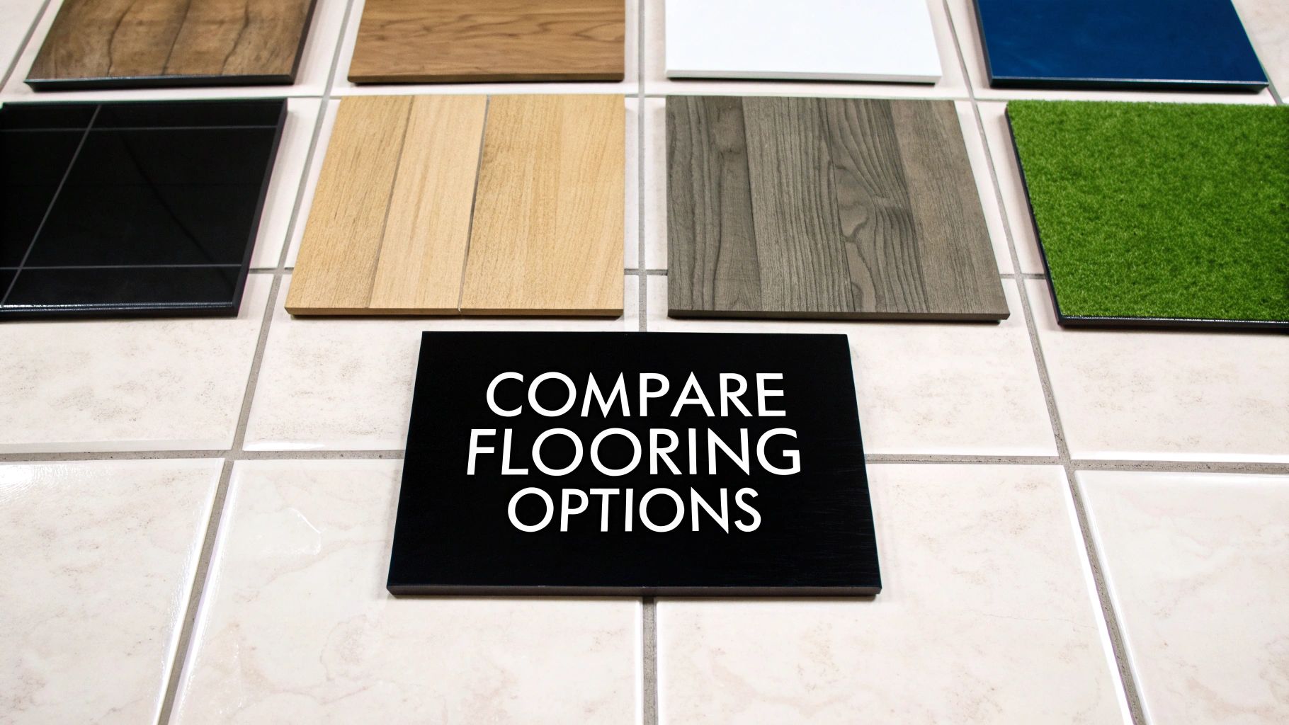 A display of diverse flooring options including wood, tile, and turf, with a 'Compare Flooring Options' sign.