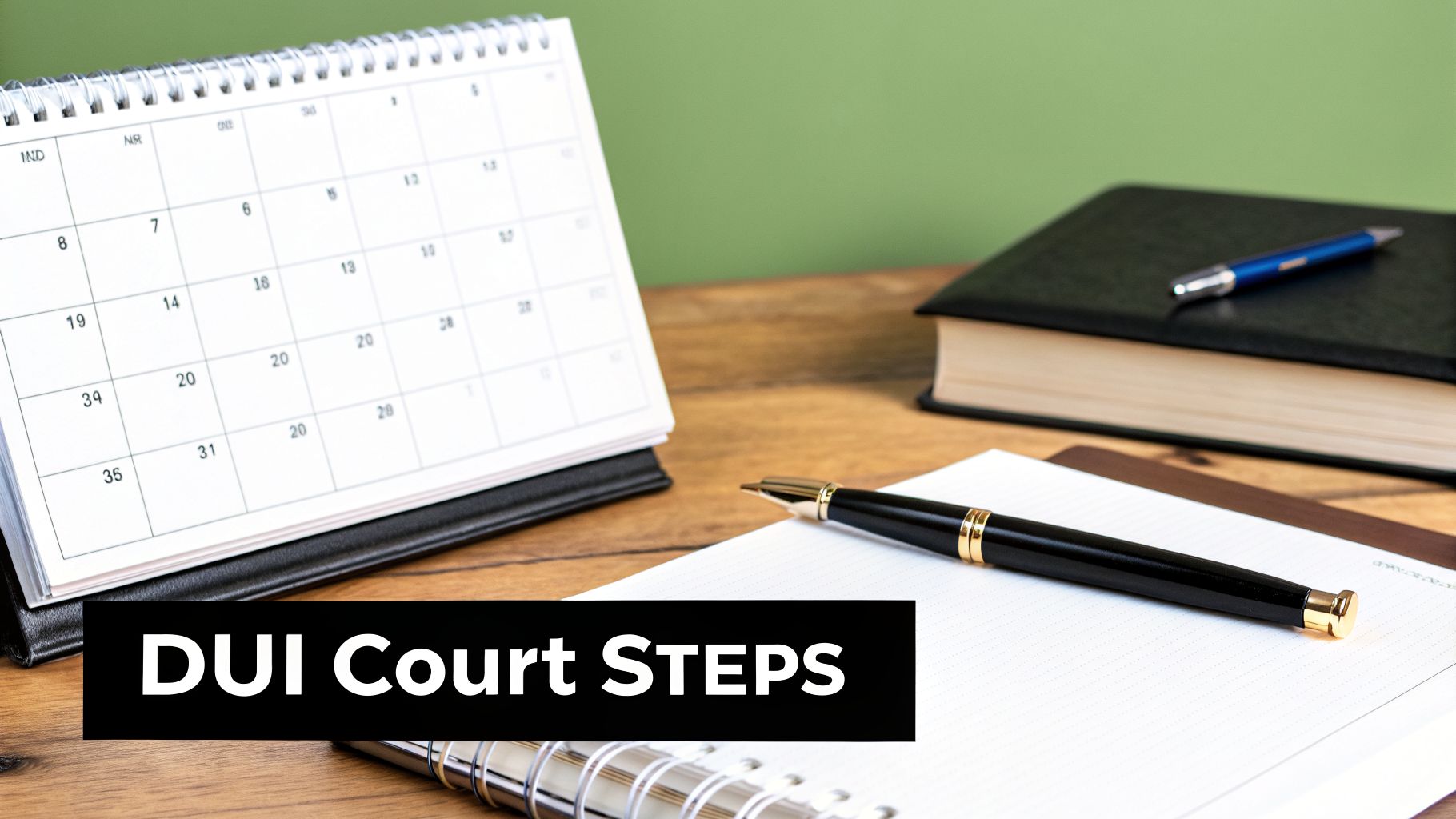 A desk with a calendar, notebook, and pen, with a text overlay 'DUI Court STEPS', symbolizing legal proceedings and appointments.