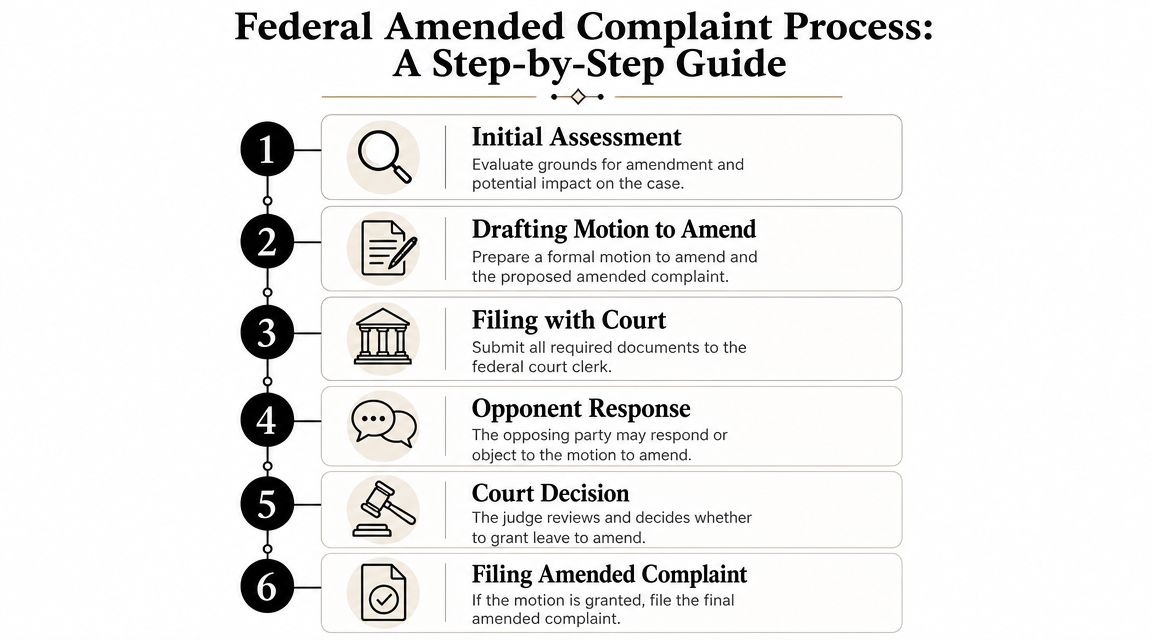 A six-step infographic detailing the legal procedure for filing a federal amended complaint in court.