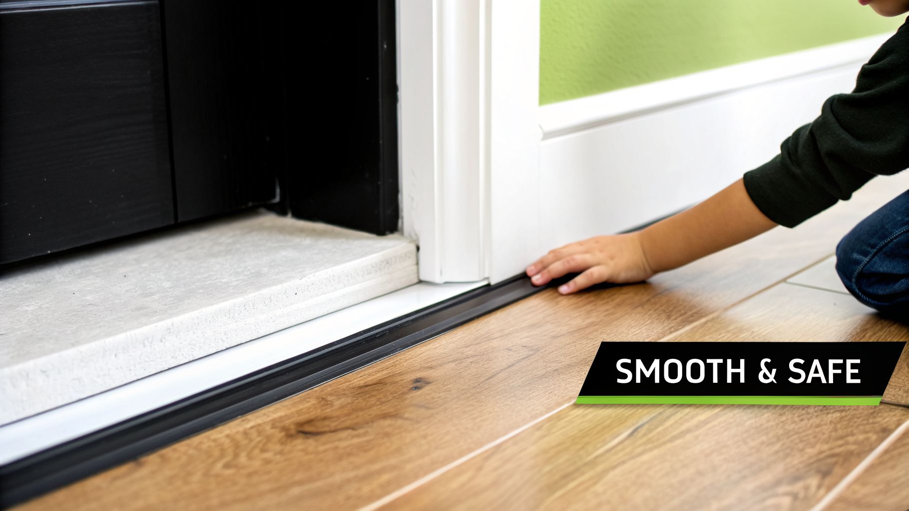 A child's hand gently touches a black transition strip on a smooth wooden floor, ensuring safety.
