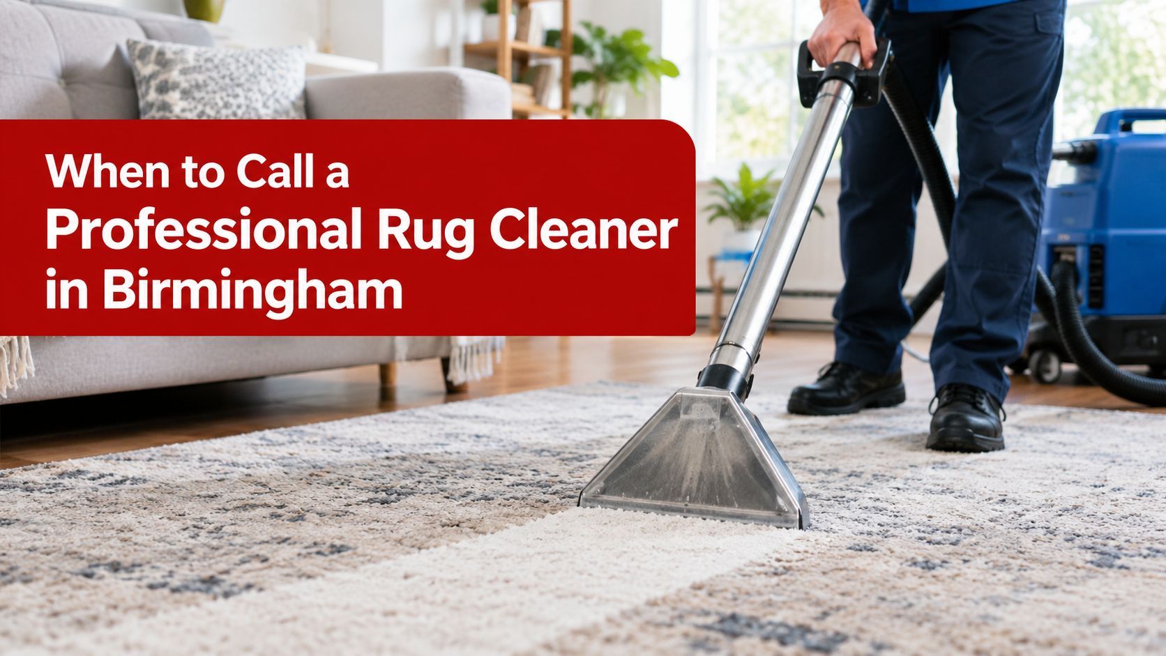 A professional cleaner uses an extraction machine to clean a rug in a bright living room.