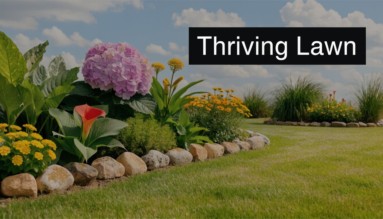 A vibrant garden bed with blooming purple hydrangeas and orange calla lilies bordering a green manicured lawn.