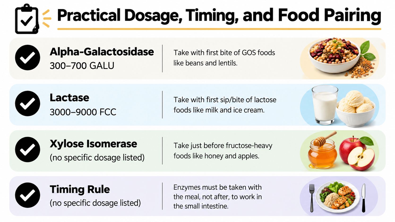 A chart showing dosage, timing, and food pairing guidelines for digestive enzymes like alpha-galactosidase, lactase, and xylose isomerase.