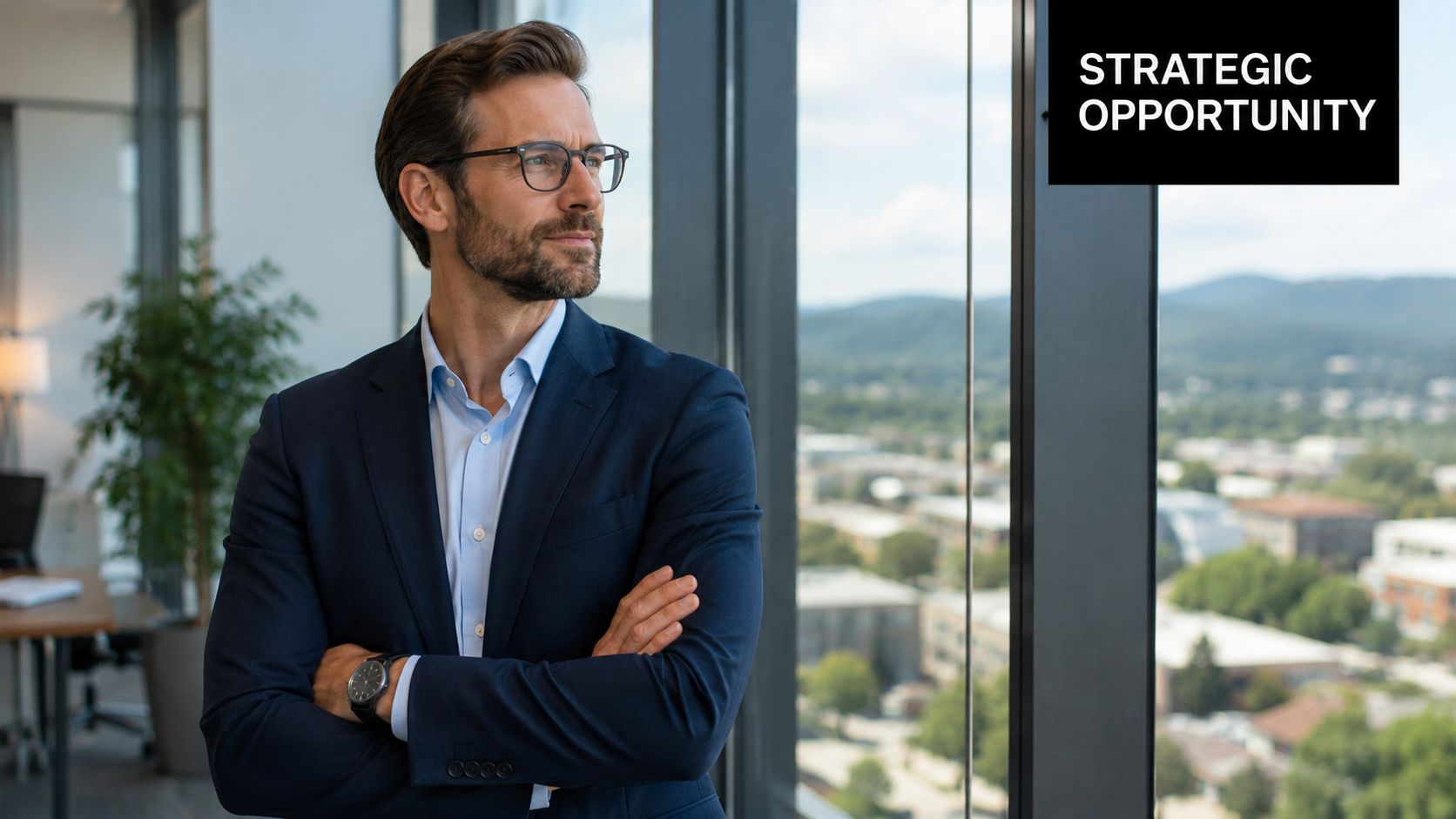 A professional businessman in a suit looks out of a window with a strategic opportunity sign.