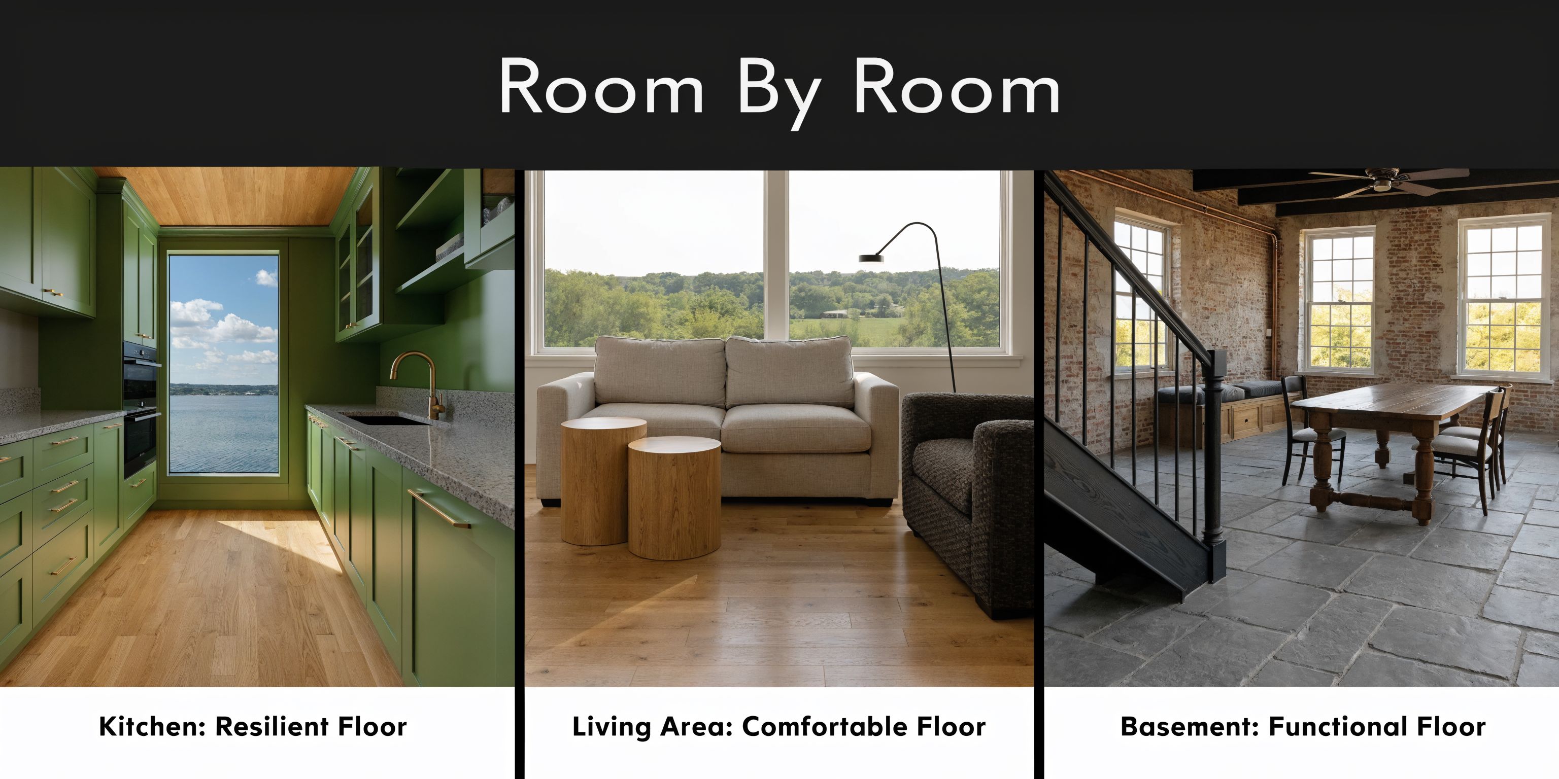 A split image showing a green kitchen, a bright living area, and a rustic stone floor basement.