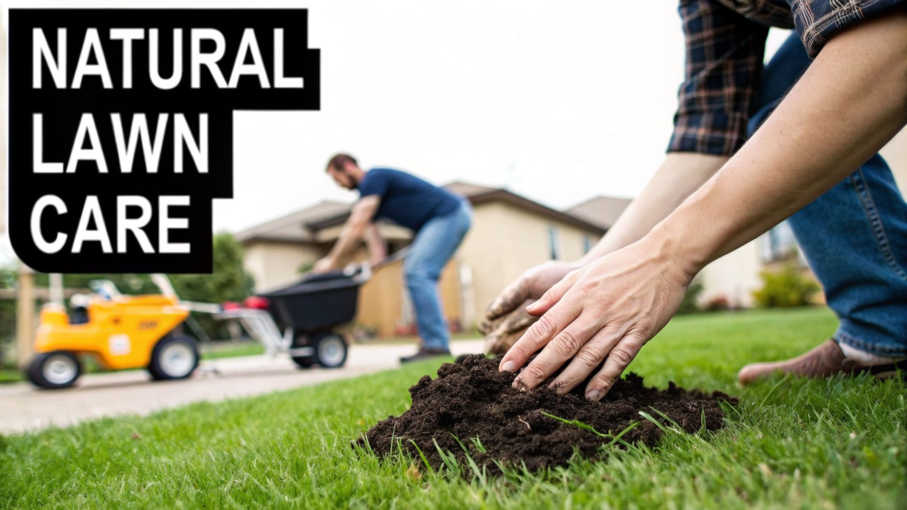 NATURAL LAWN CARE text with hands planting in soil on a green lawn, and a man spreading fertilizer.