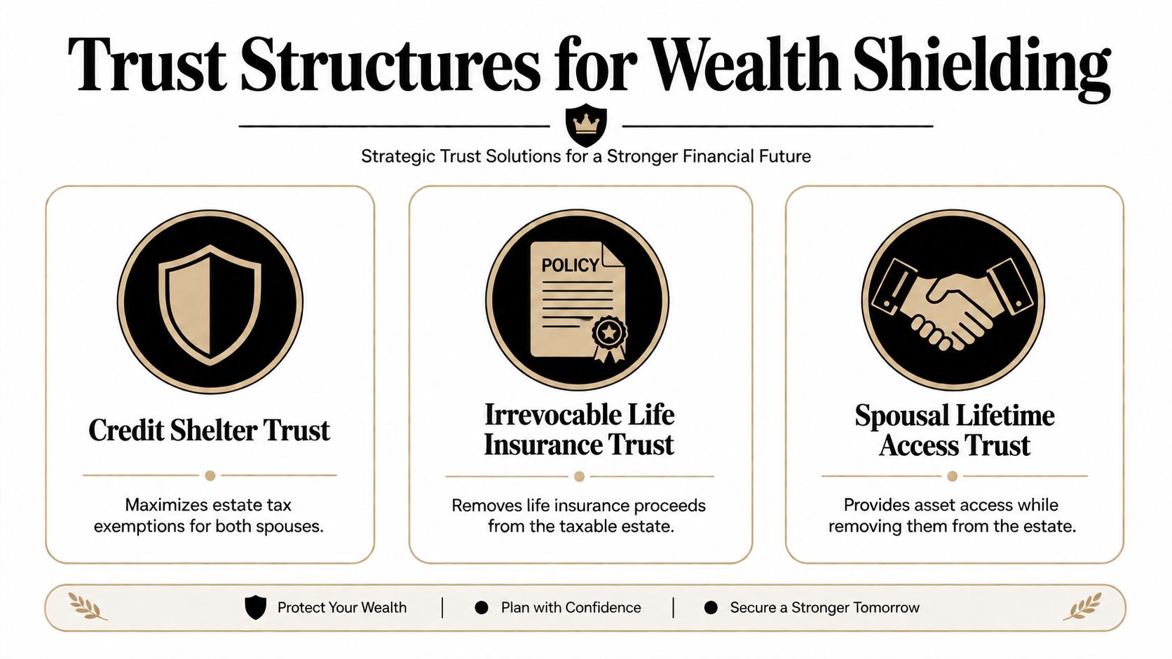 A diagram illustrating three strategic trust structures used for wealth shielding and effective estate tax planning.