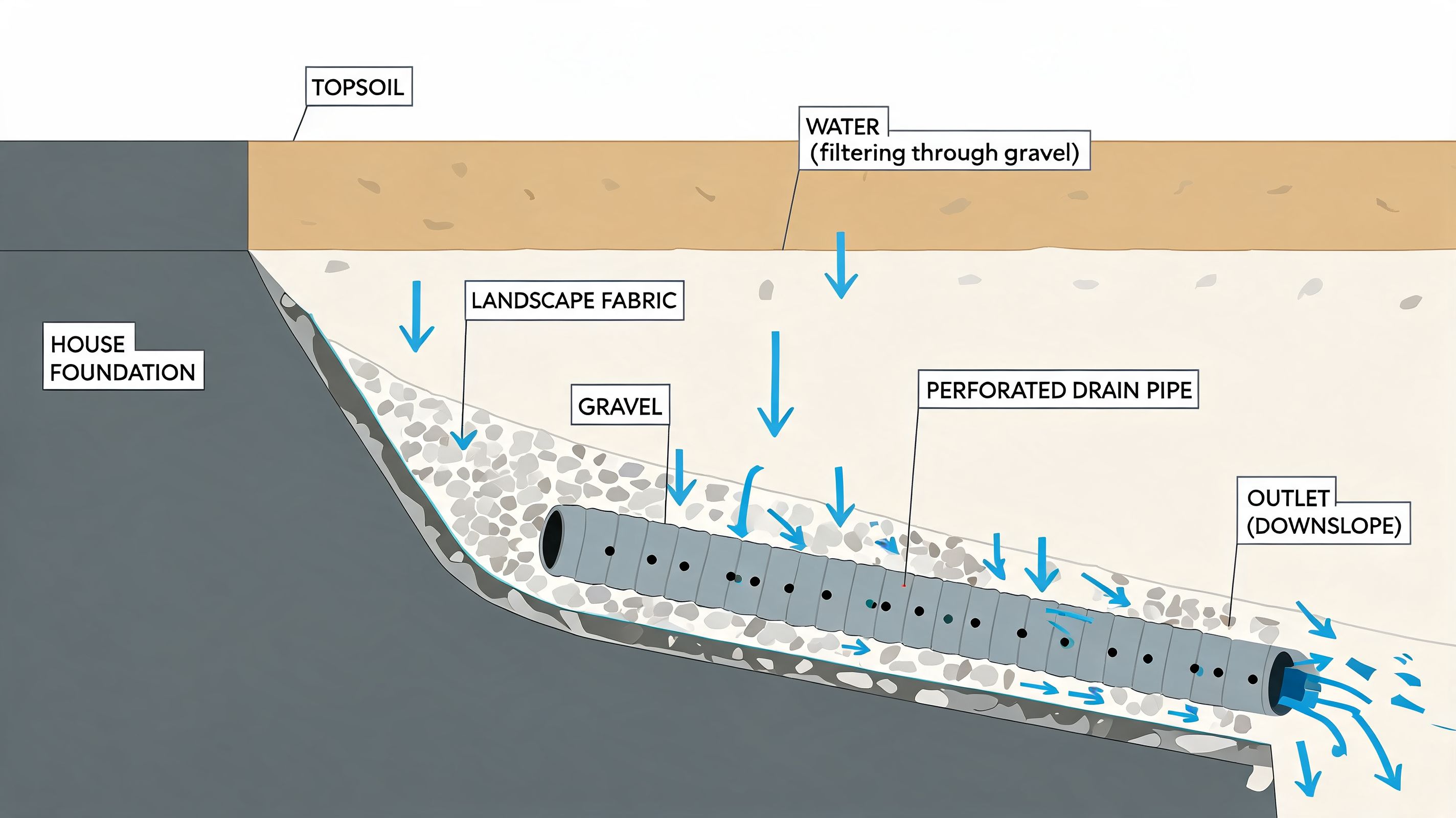 A diagram showing a French drain system installed next to a house foundation for water management.
