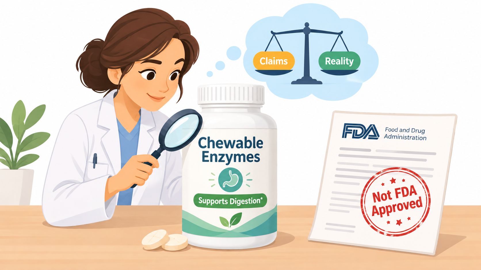 A doctor examines a bottle of chewable enzymes with a magnifying glass next to an FDA warning.