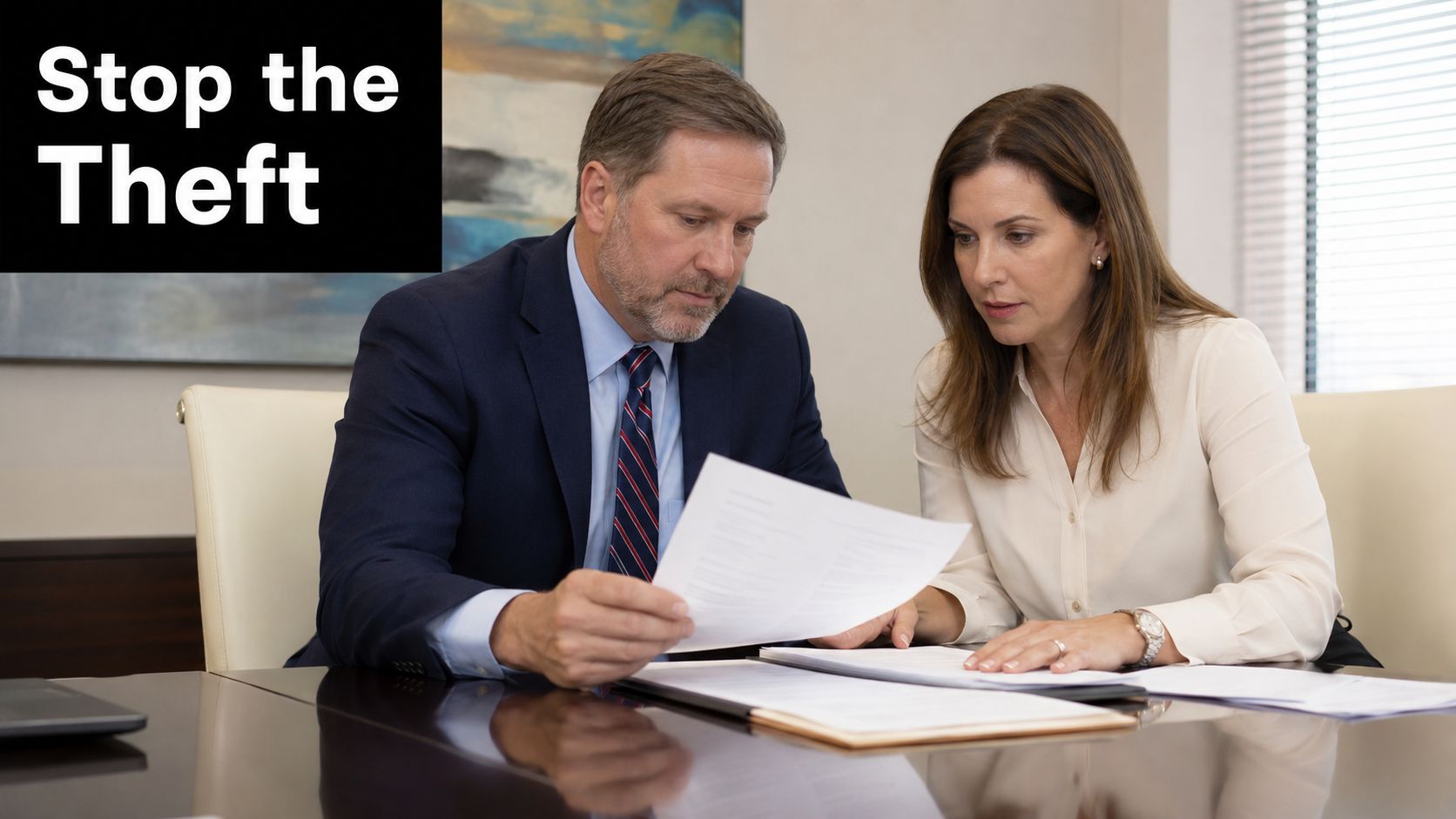 A professional man and woman in business attire review legal documents together in an office setting.
