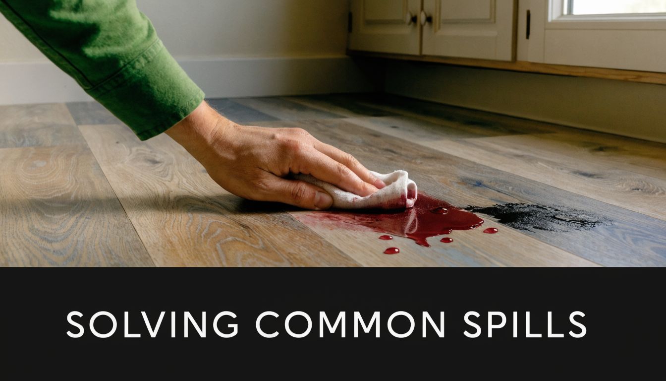A hand wiping a red liquid spill off of light-colored vinyl flooring with a white cloth.