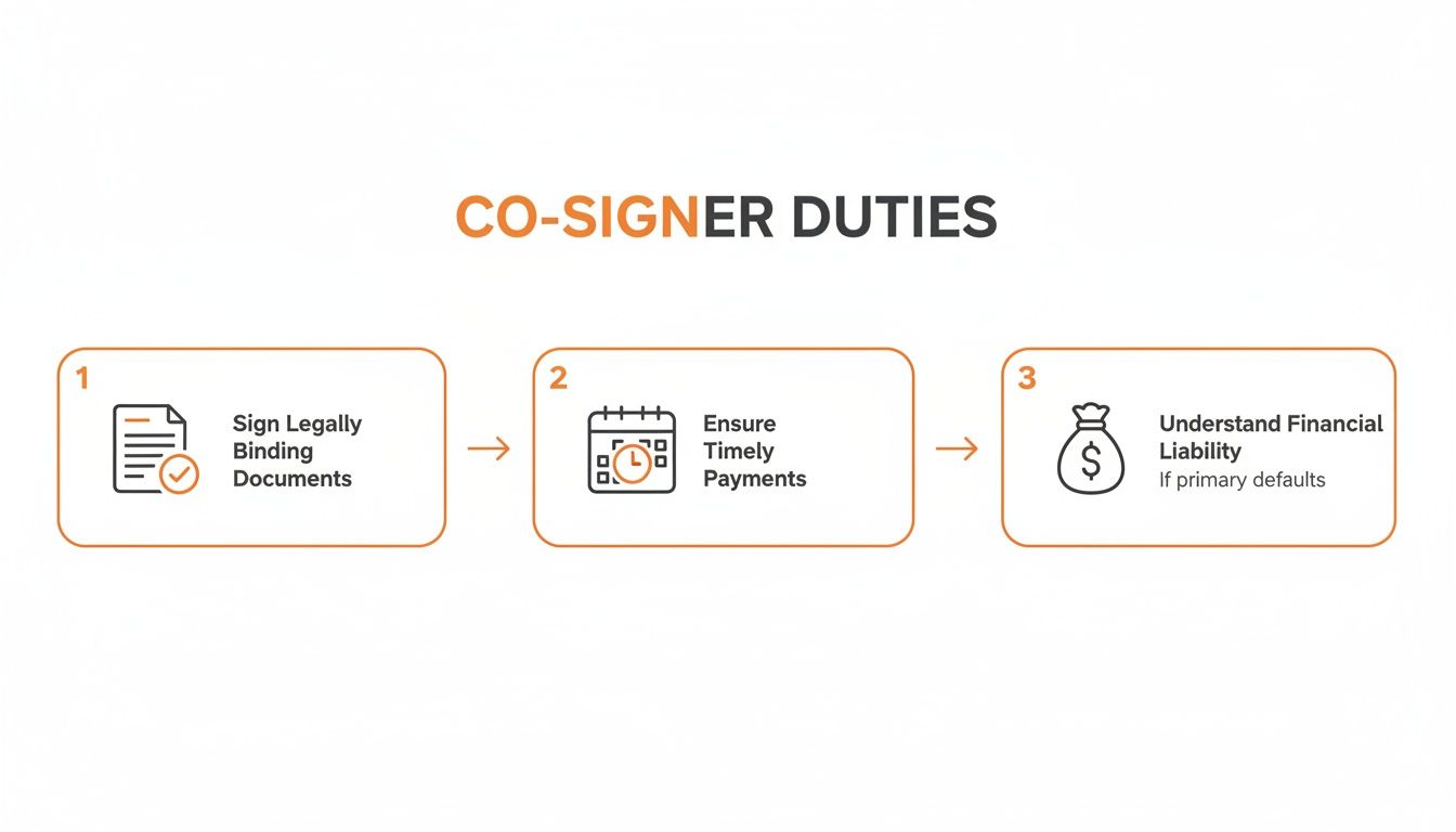 A diagram outlining co-signer duties, including signing documents, timely payments, and financial liability understanding.