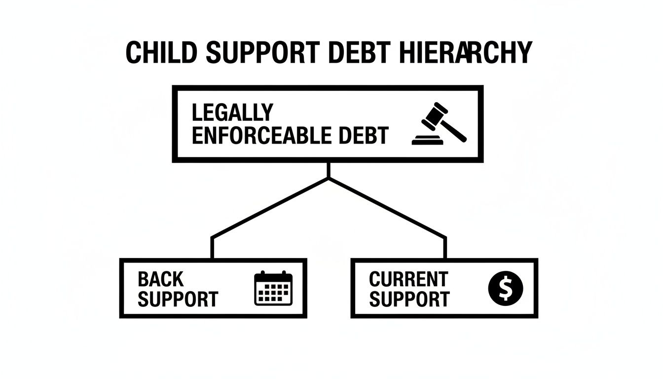 A child support debt hierarchy chart showing legally enforceable debt categorized into back support and current support.