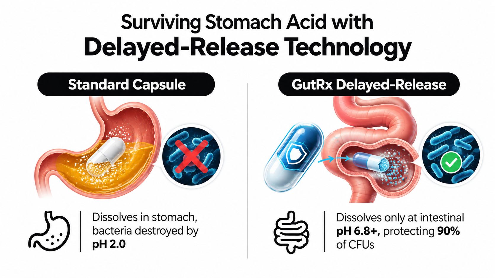 A diagram comparing a standard capsule to GutRx delayed-release technology for protecting probiotics from stomach acid.
