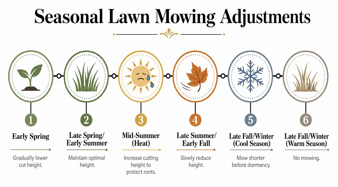 A diagram illustrating six seasonal lawn care tips with advice on adjusting grass cutting heights throughout the year.