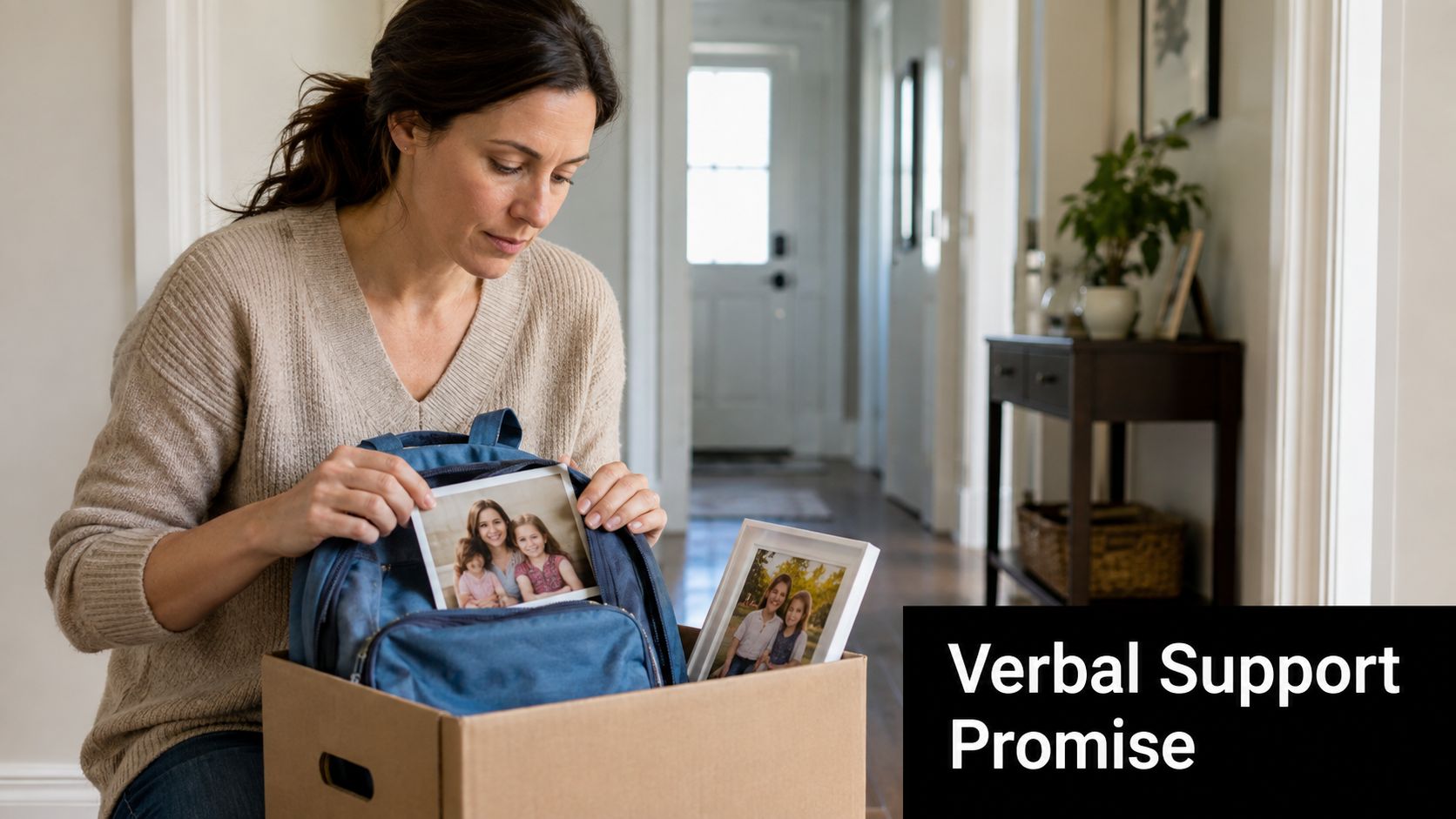 A woman looks down thoughtfully while placing a framed photograph of her family into a cardboard box.
