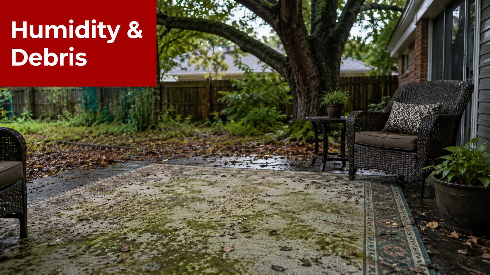 A damp patio outdoor rug covered in leaves and moss, showing the effects of high outdoor humidity.