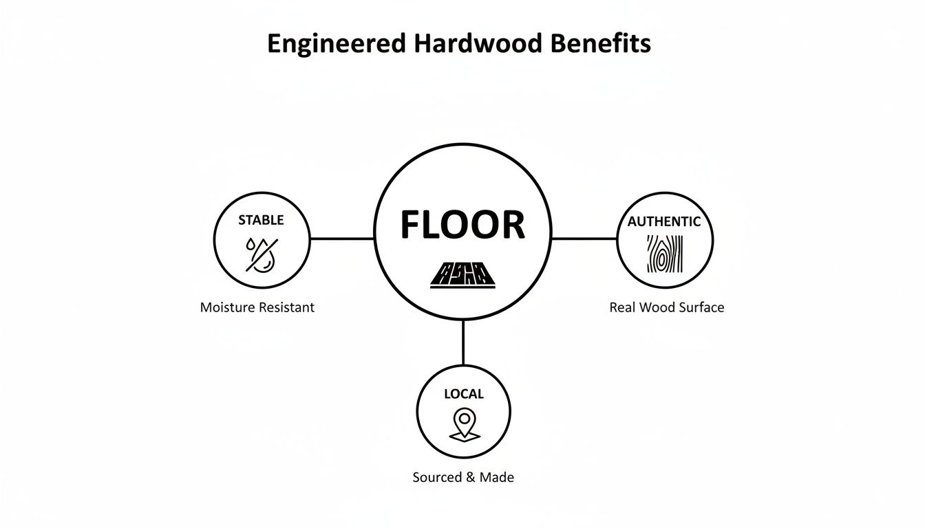 Diagram illustrating key benefits of engineered hardwood floors: stable, authentic, and local.