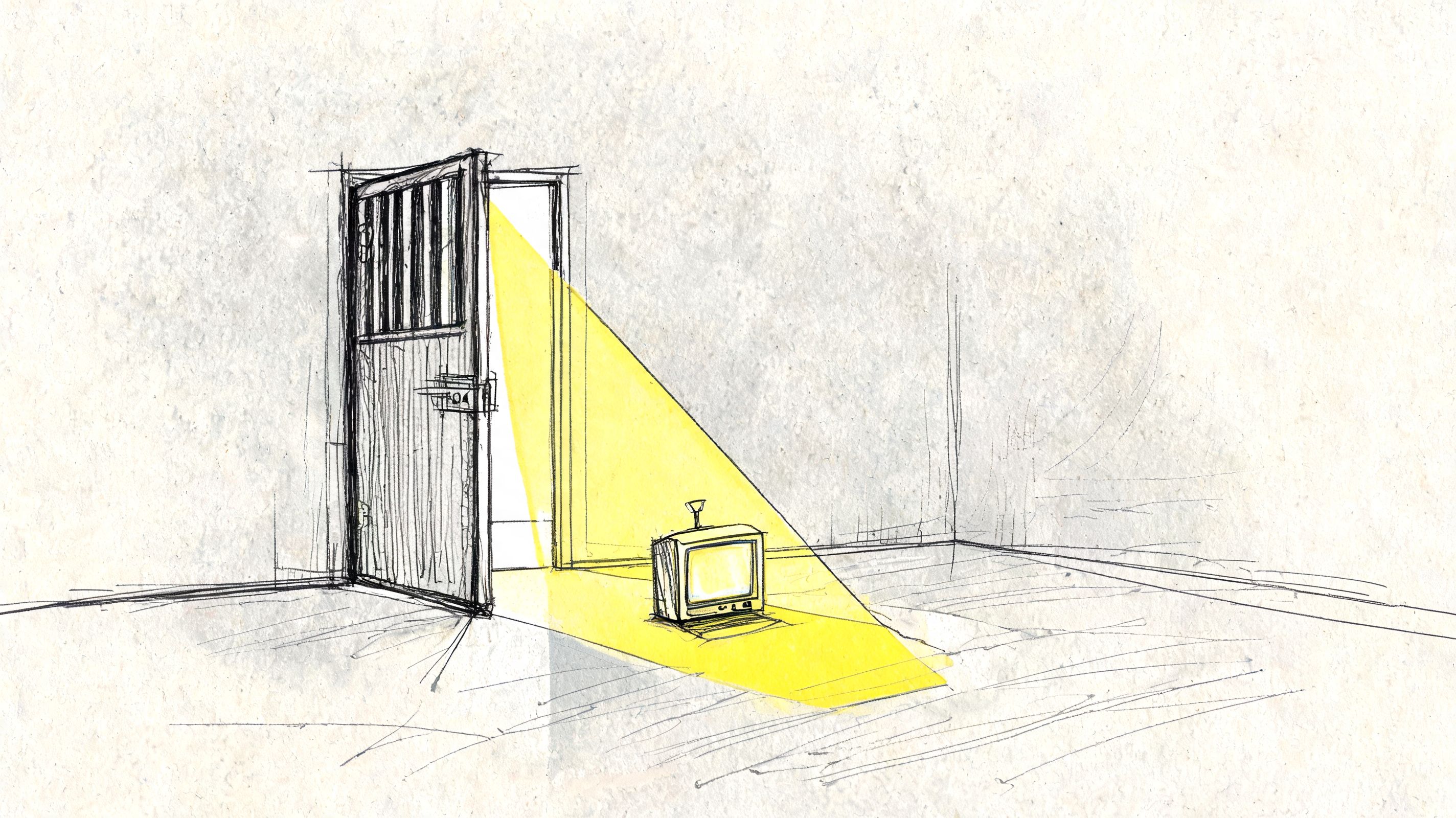 A sketched illustration showing a television set sitting on the floor in front of an open jail cell door.