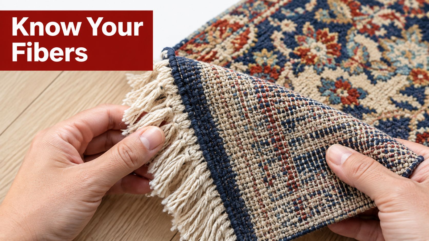 A close-up view of a person examining the woven construction and fringe of an oriental rug.