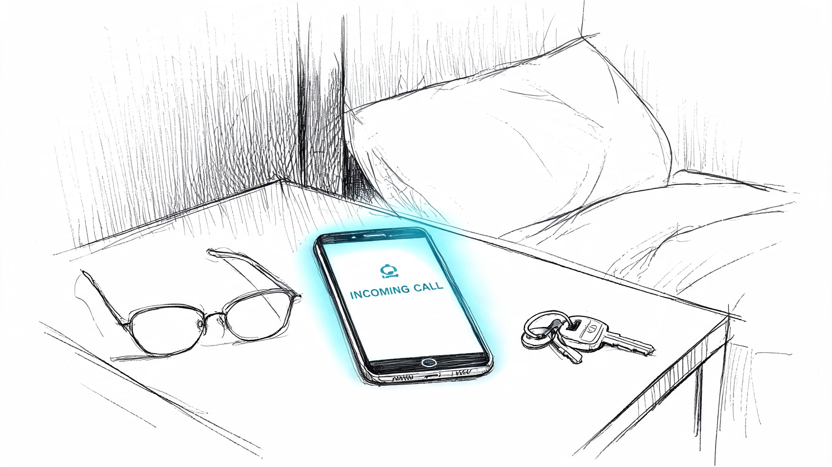 A pencil sketch of a smartphone receiving an incoming call next to eyeglasses and keys on a table.