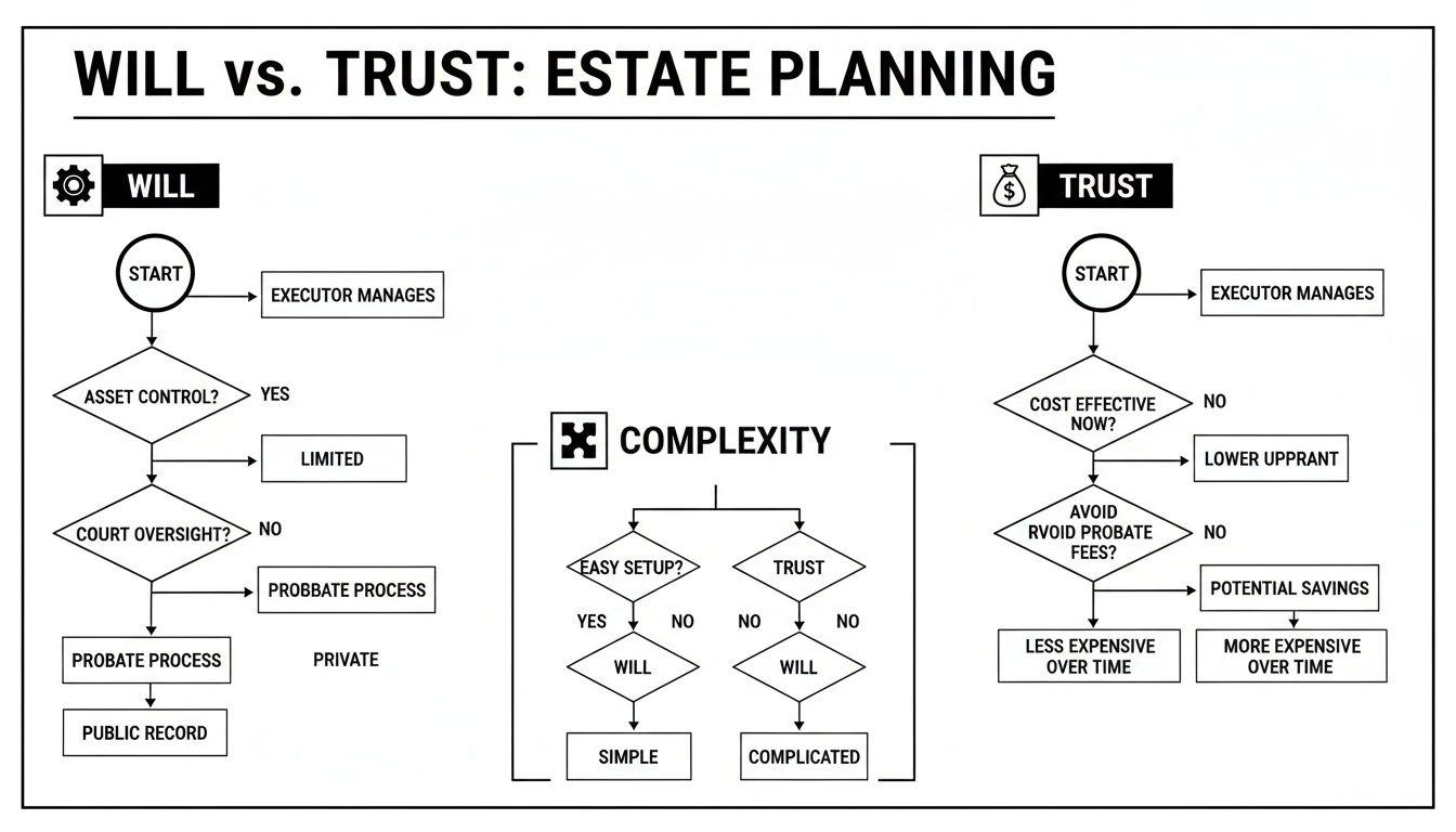 Flowchart comparing Will vs. Trust for estate planning, detailing asset control, probate, cost, and complexity.