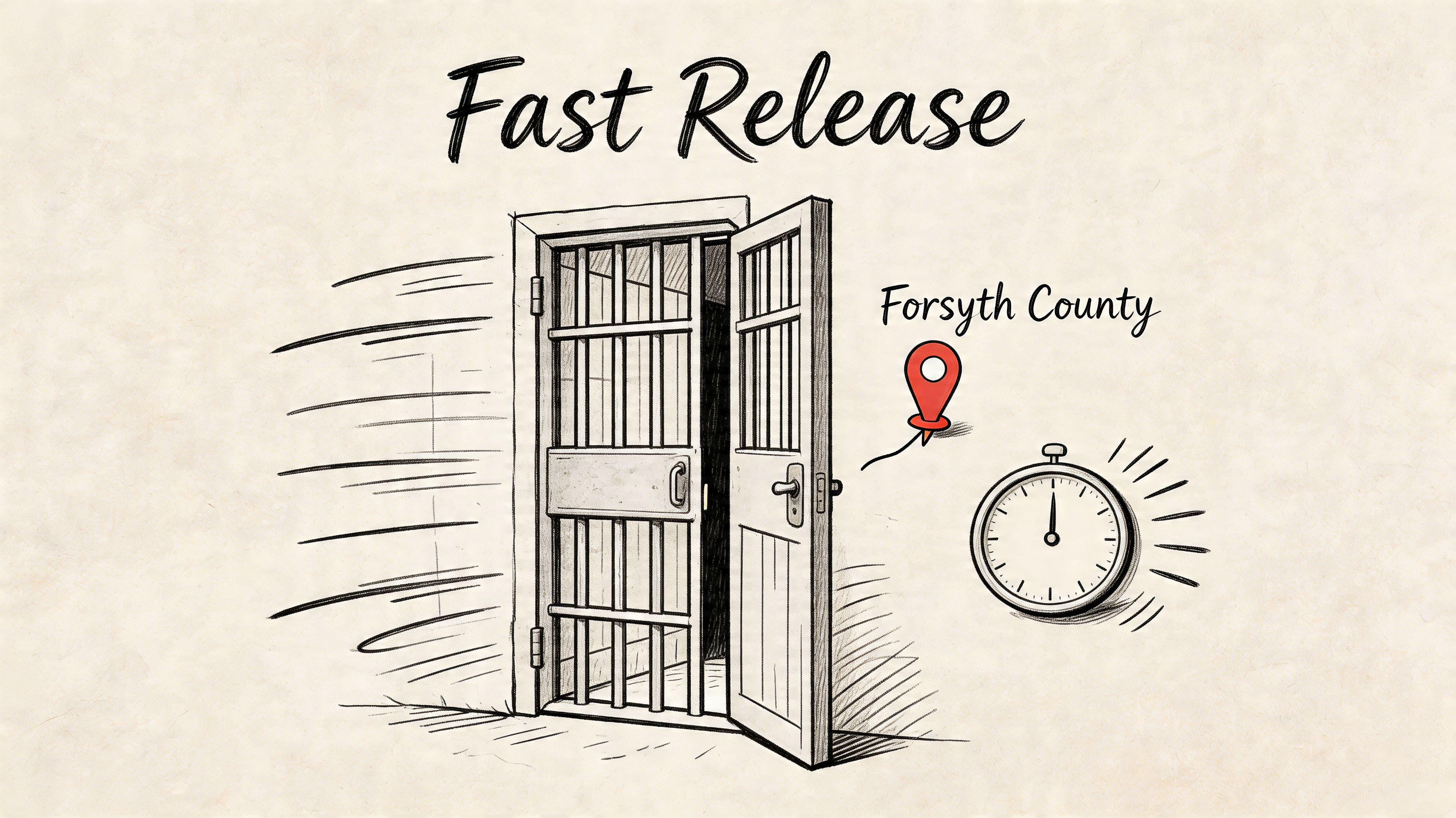 A hand-drawn illustration depicting a jail cell door opening quickly with a stopwatch and location pin.