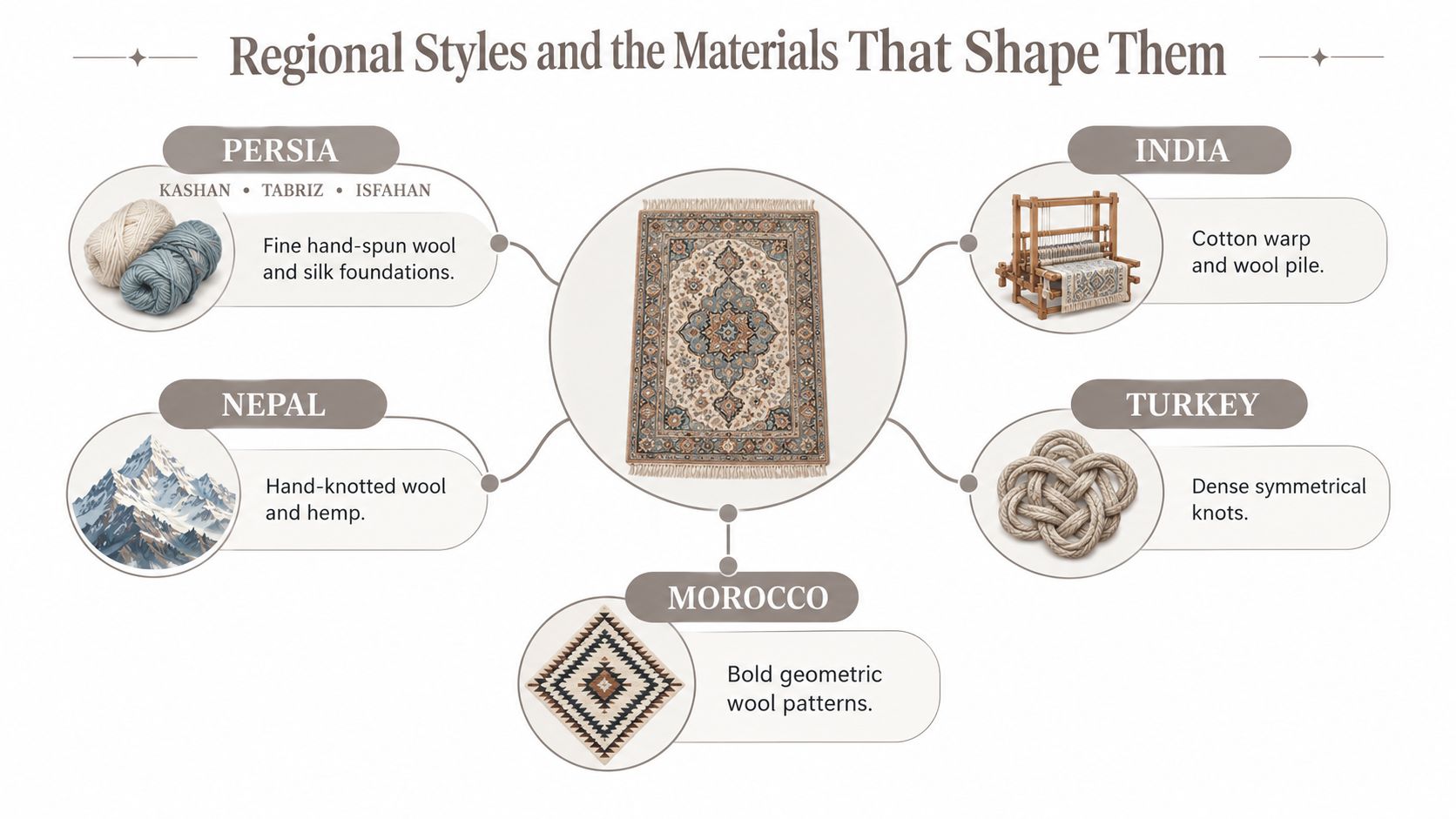 A diagram illustrating regional rug styles and materials from Persia, India, Nepal, Turkey, and Morocco.