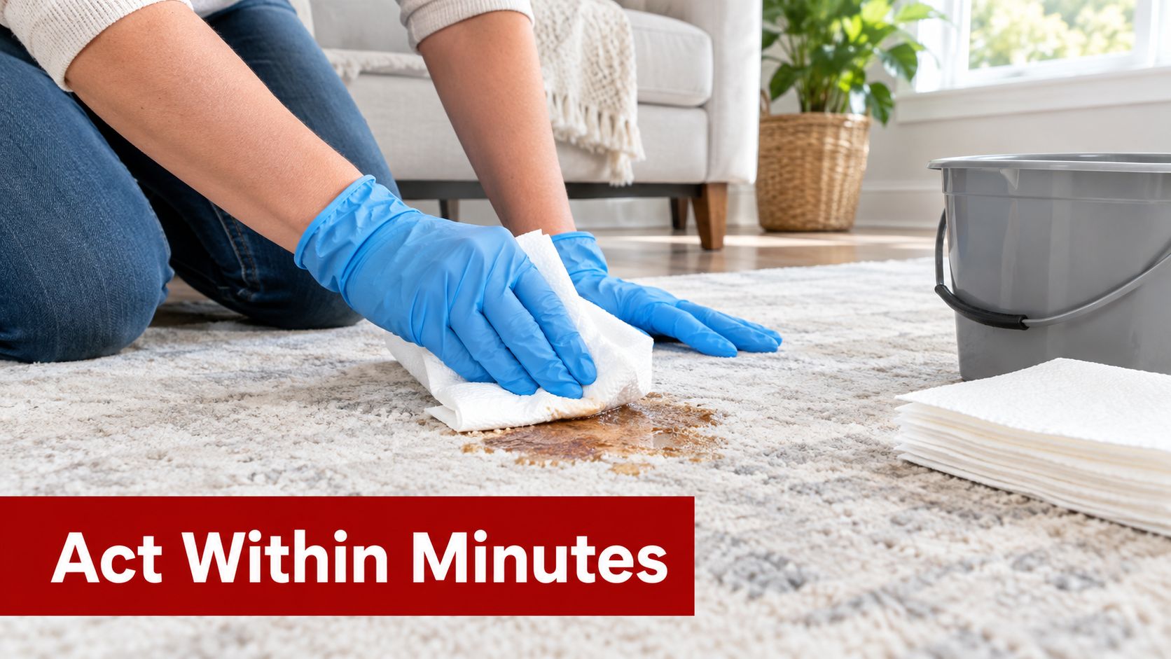 A person wearing blue rubber gloves uses paper towels to blot a stain on a carpet.