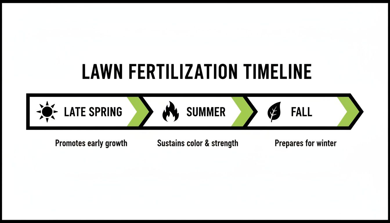 A lawn fertilization timeline illustrating seasonal treatments for early growth, color, strength, and winter preparation.