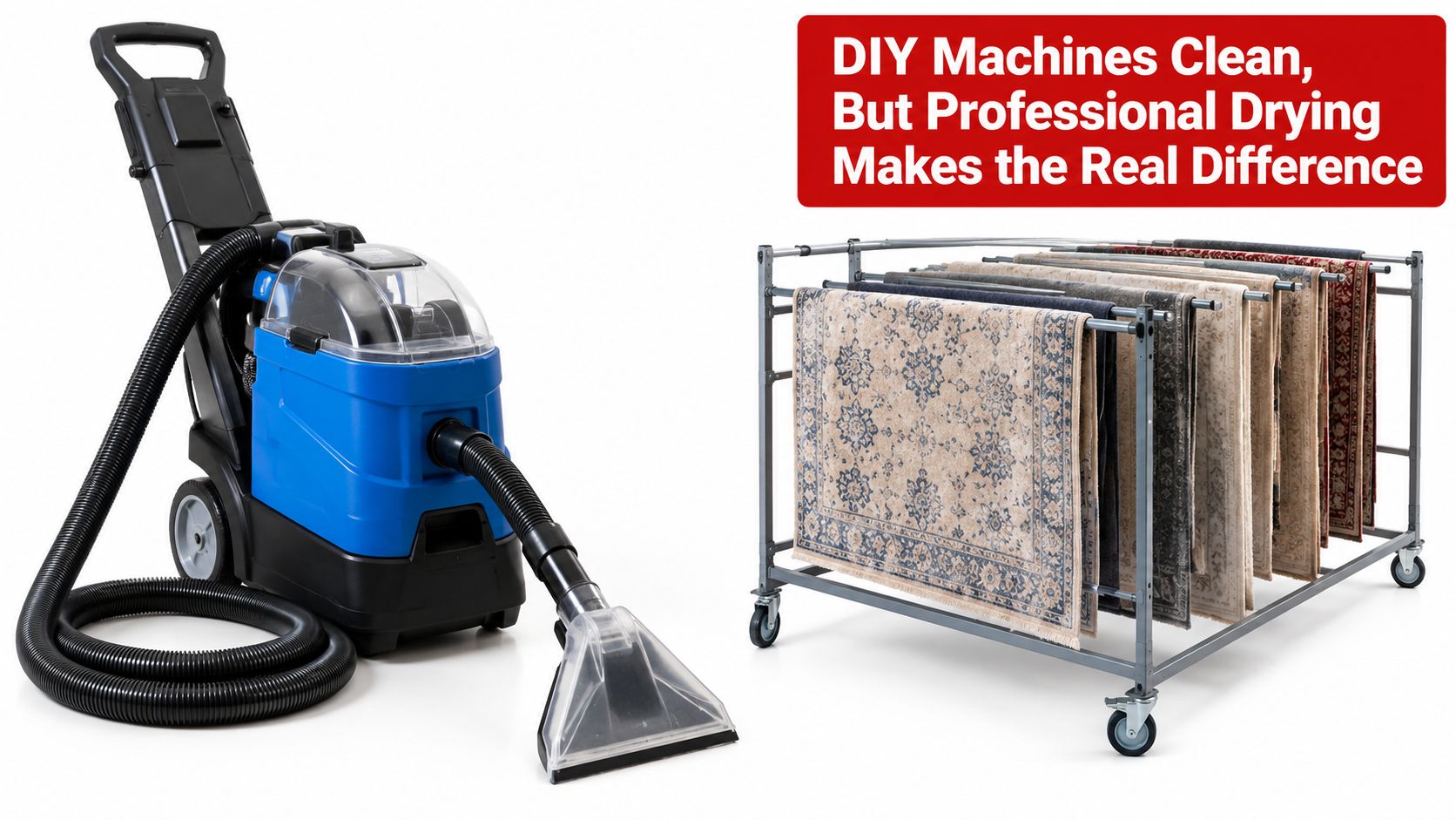 A professional rug cleaning machine next to a drying rack filled with several cleaned area rugs.