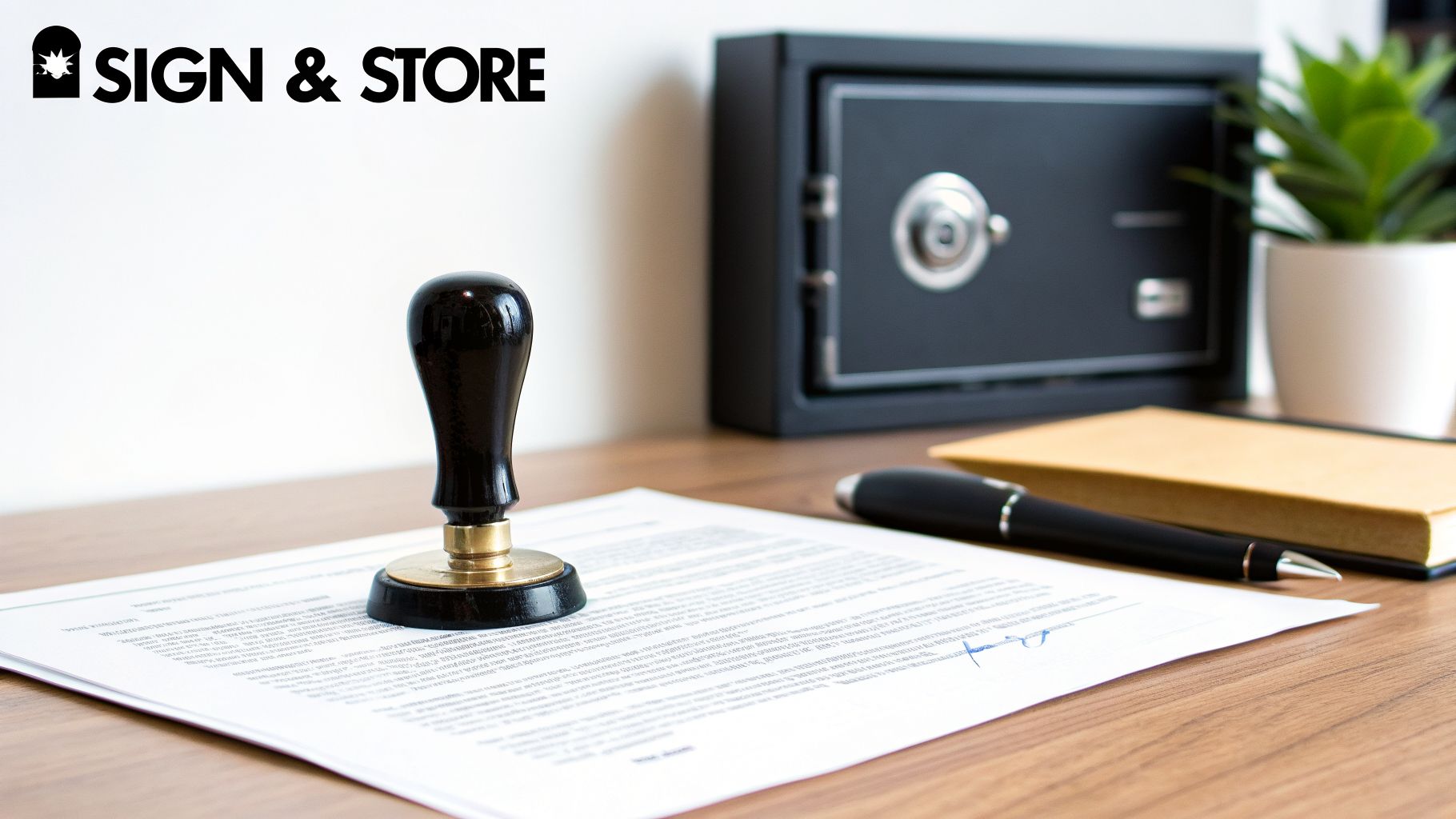 A desk scene featuring a document, a notary stamp, a pen, a safe, and a plant, with a 'SIGN & STORE' logo.