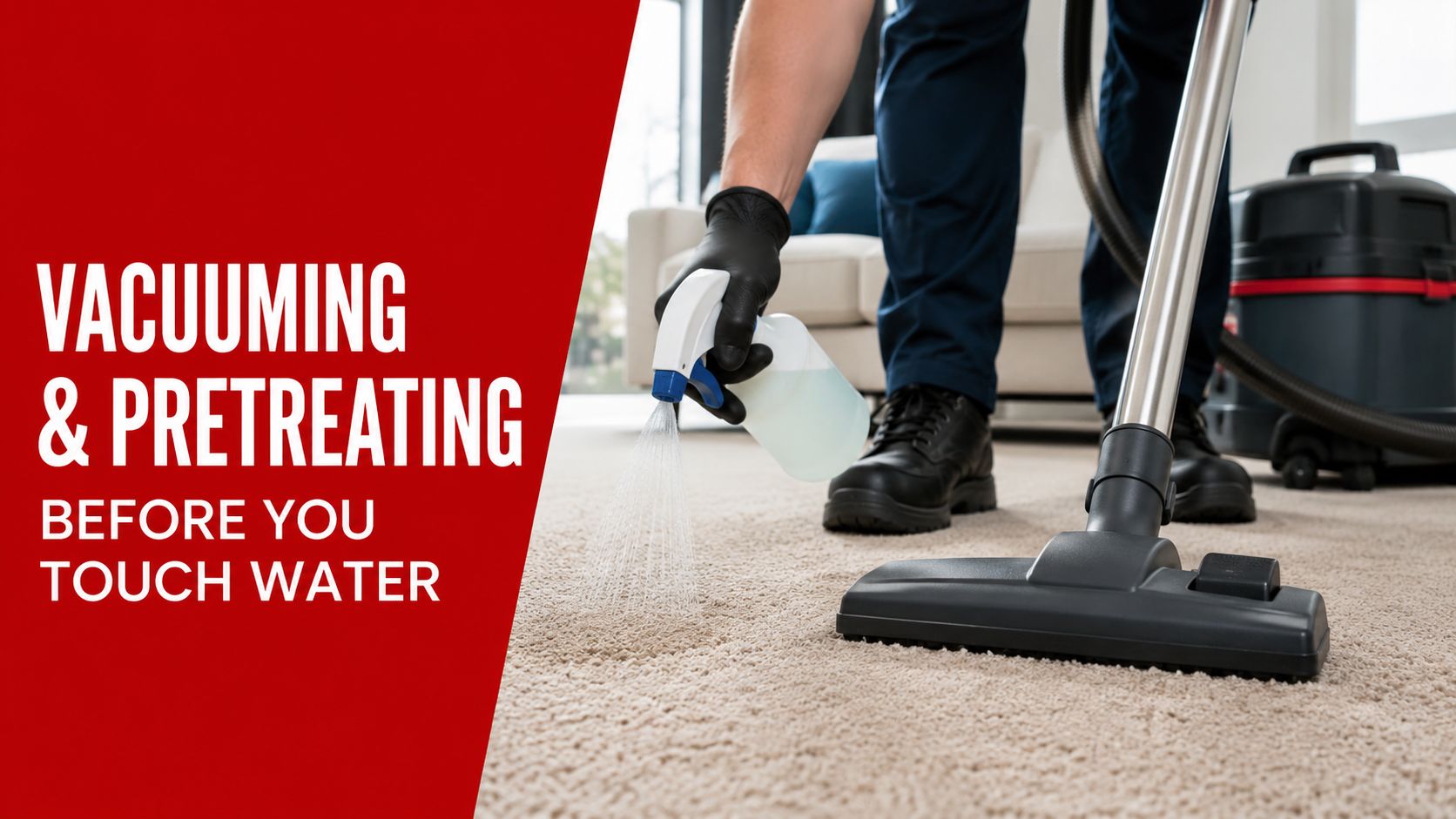 A professional cleaner vacuuming and spraying a pretreatment solution on a carpet before deep cleaning it.