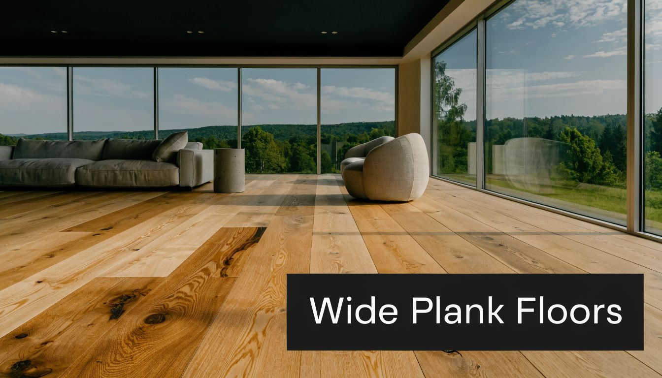 A modern living room with large floor-to-ceiling windows overlooking a green forest and wide plank wooden floors.
