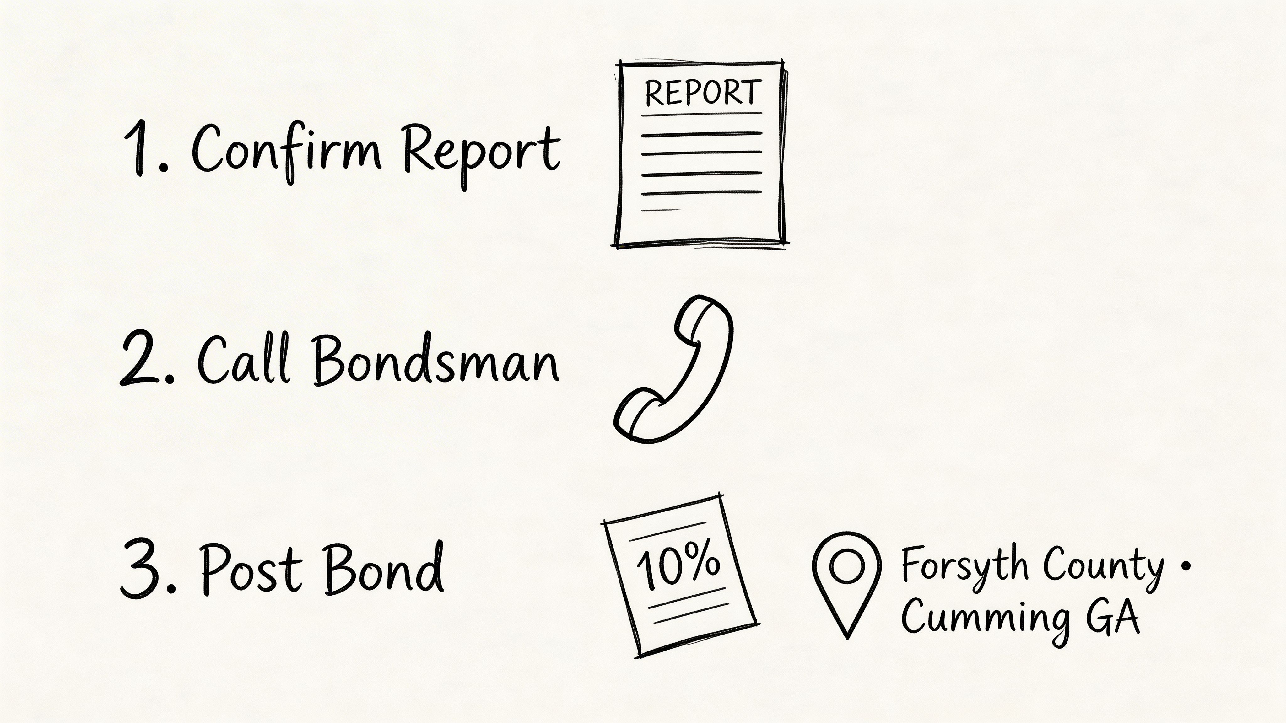 A three-step checklist for posting a bond in Forsyth County, Cumming, Georgia, including contacting a bondsman.